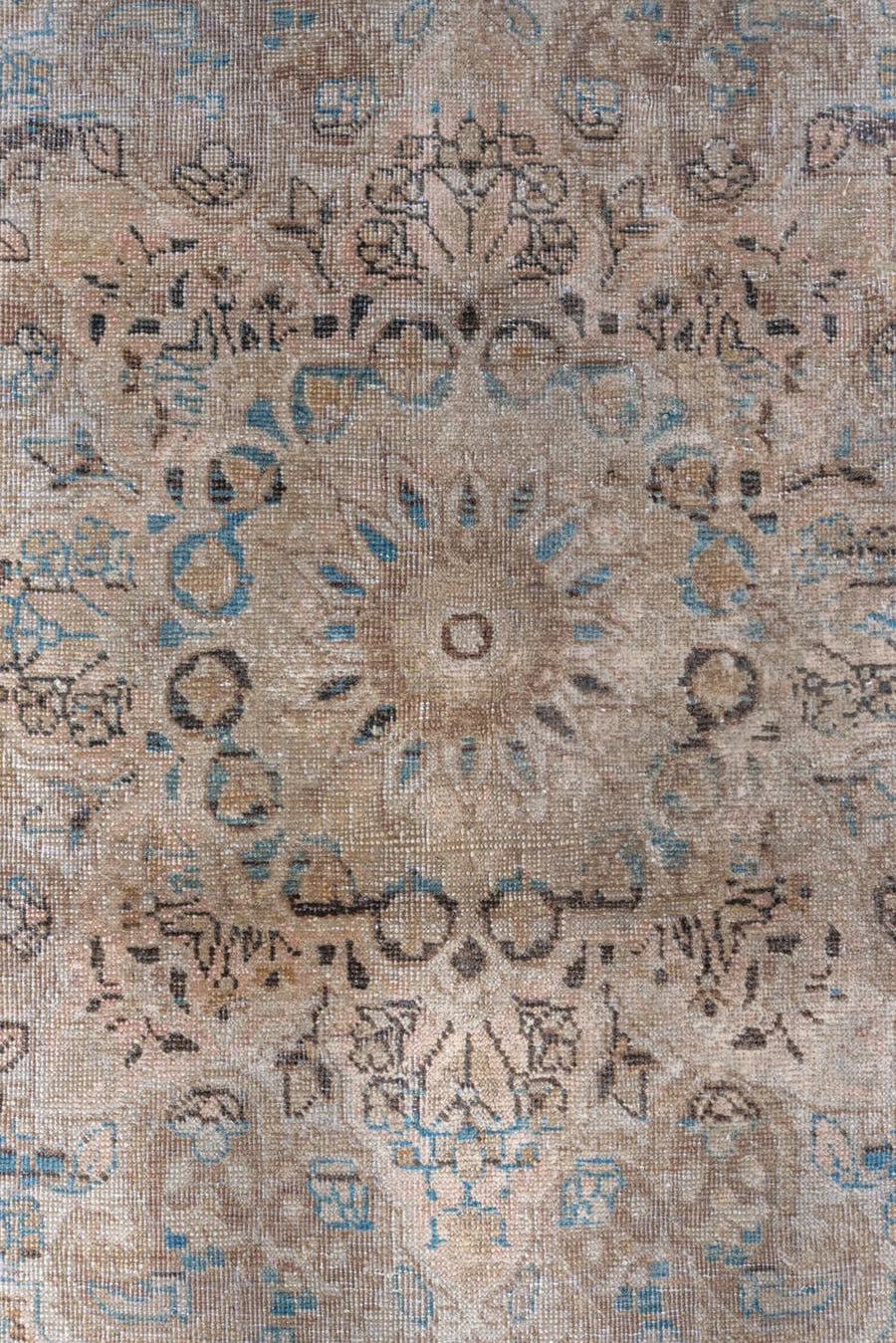 6' x 10' one-of-a-kind handmade antique Meshed large size rug. Color palette: taupe, ivory, brown, pale blue, beige