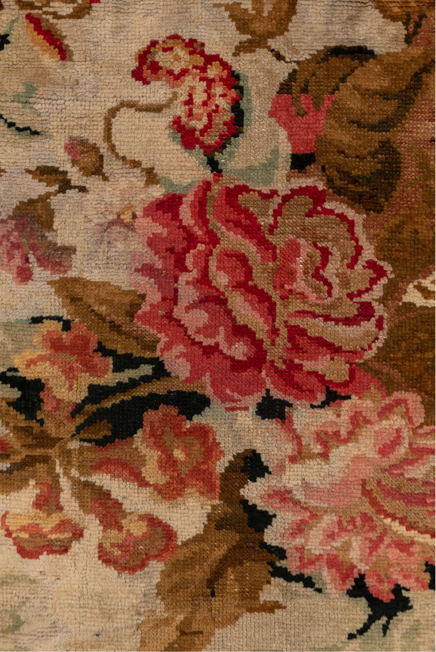 3' x 6' one-of-a-kind handmade vintage Axminister runner rug. Color palette: brown, gray, pink, red