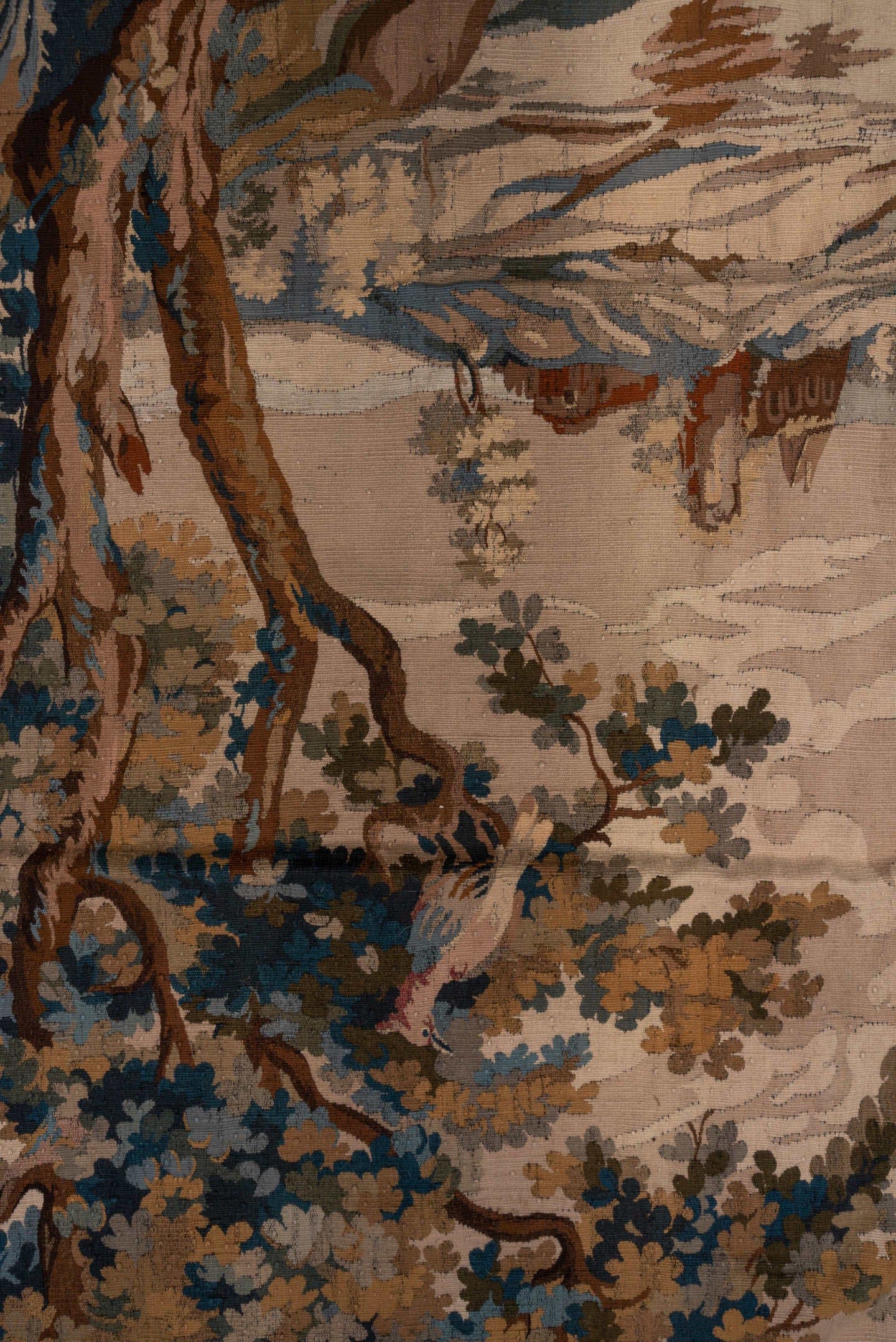 4' x 9' one-of-a-kind handmade antique Tapestry runner rug. Color palette: taupe, ivory, slate_blue, brown, camel, charcoal