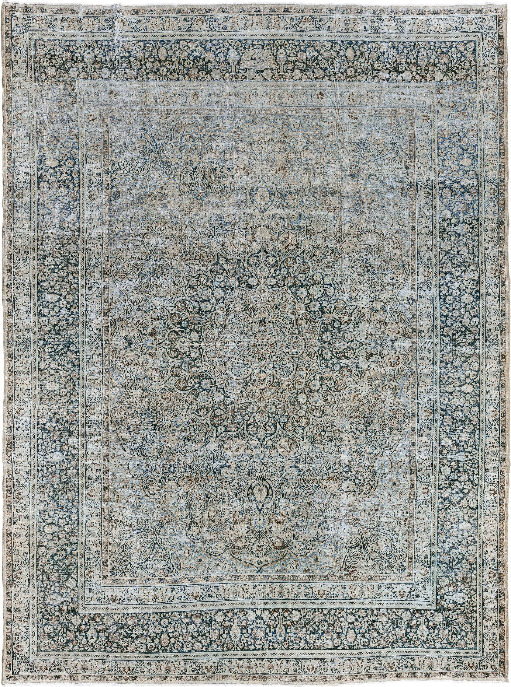 8' x 11' one-of-a-kind handmade antique Meshed large size rug. Color palette: ivory, pale blue, navy, beige, taupe, slate