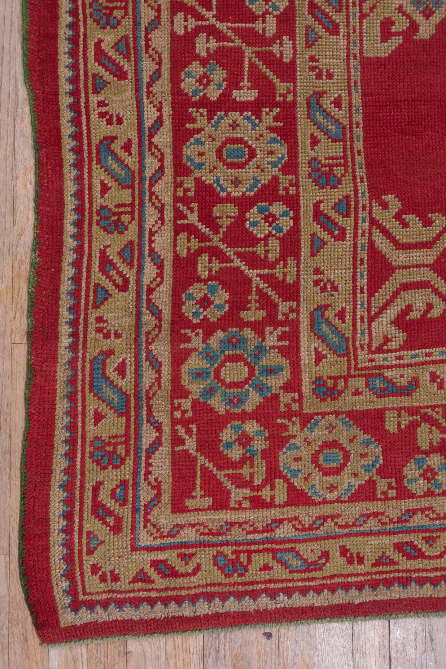 10' x 14' one-of-a-kind handmade antique Oushak large size rug. Color palette: red, ivory, blue, rose, coral, tan, pink