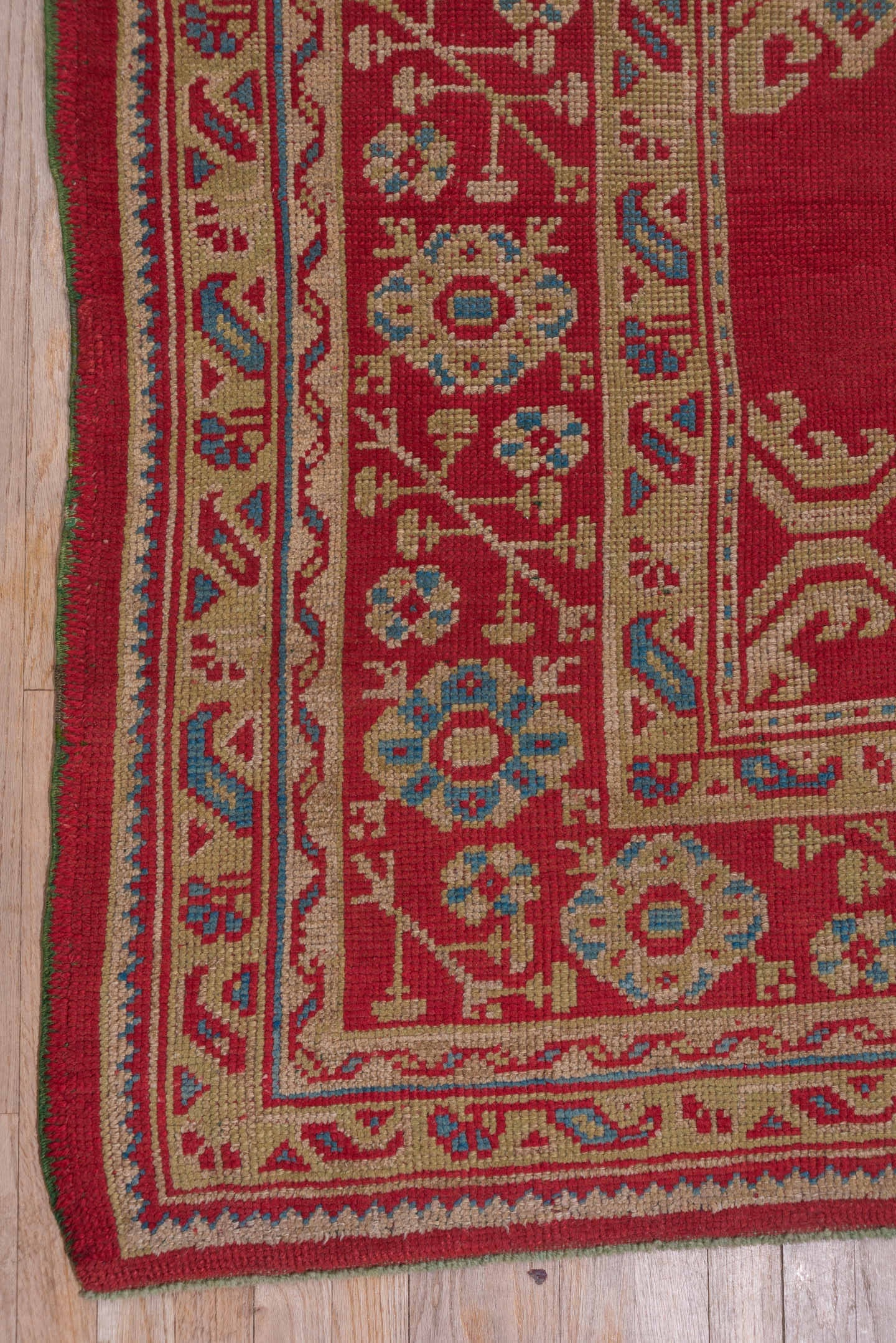 10' x 14' one-of-a-kind handmade antique Oushak large size rug. Color palette: red, ivory, blue, rose, coral, tan, pink