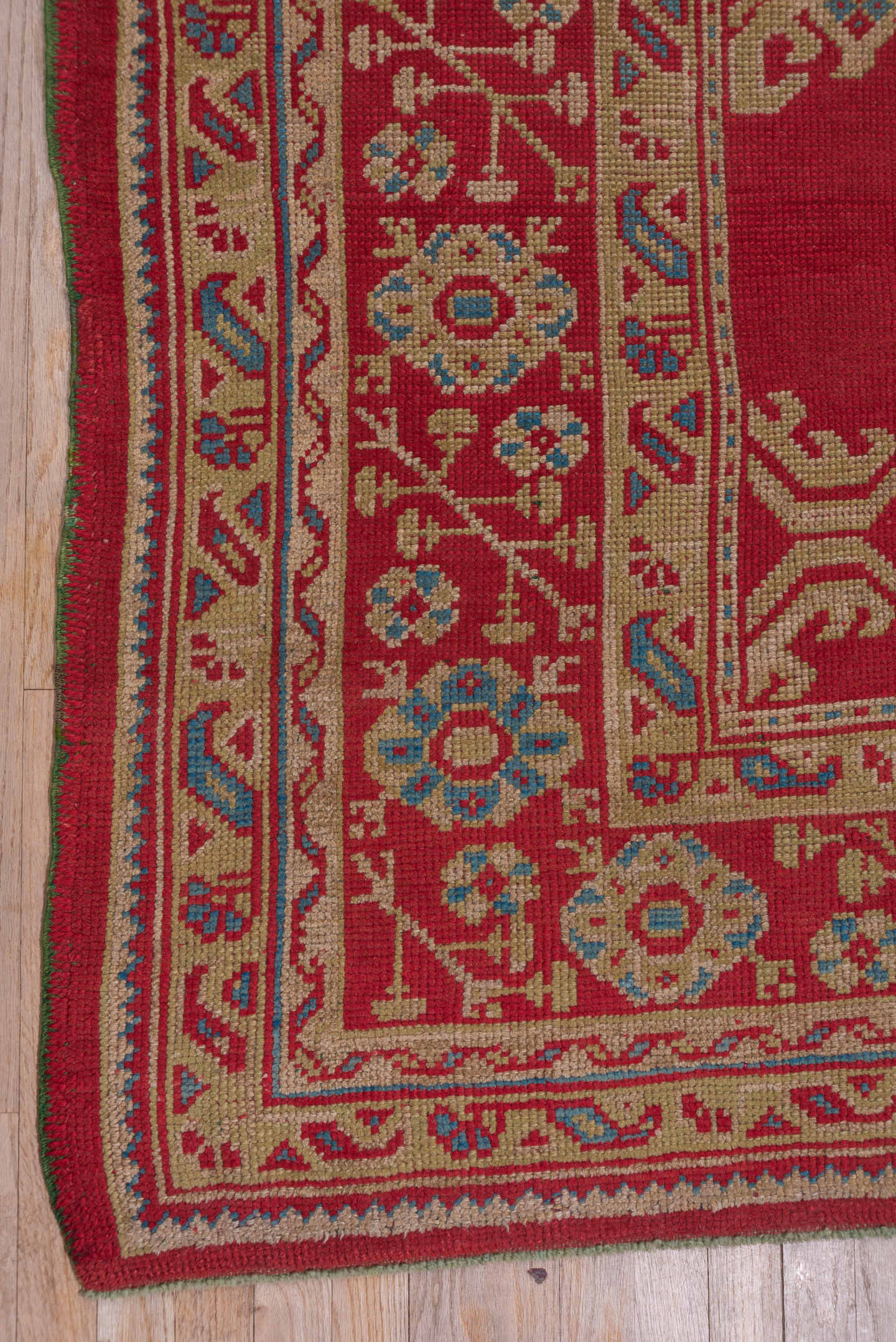 10' x 14' one-of-a-kind handmade antique Oushak large size rug. Color palette: red, ivory, blue, rose, coral, tan, pink