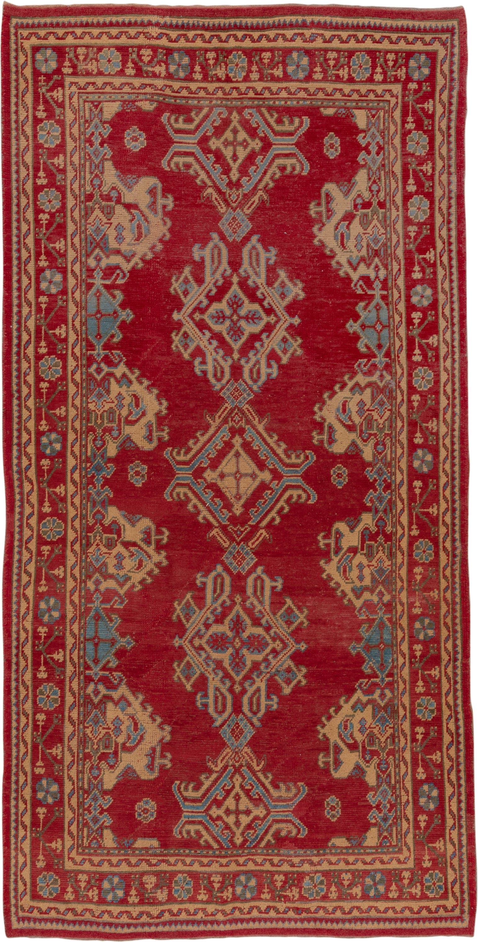 6' x 11' one-of-a-kind handmade antique Oushak large size rug. Color palette: red, ivory, soft blue, camel, rust, slate