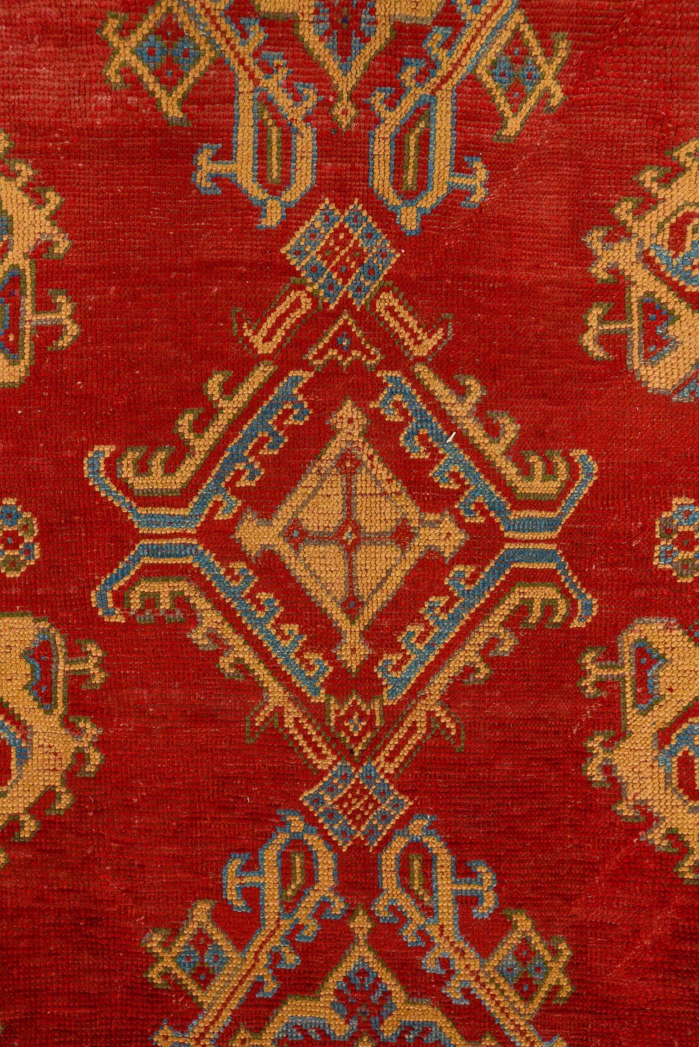 6' x 11' one-of-a-kind handmade antique Oushak large size rug. Color palette: red, ivory, soft blue, camel, rust, slate