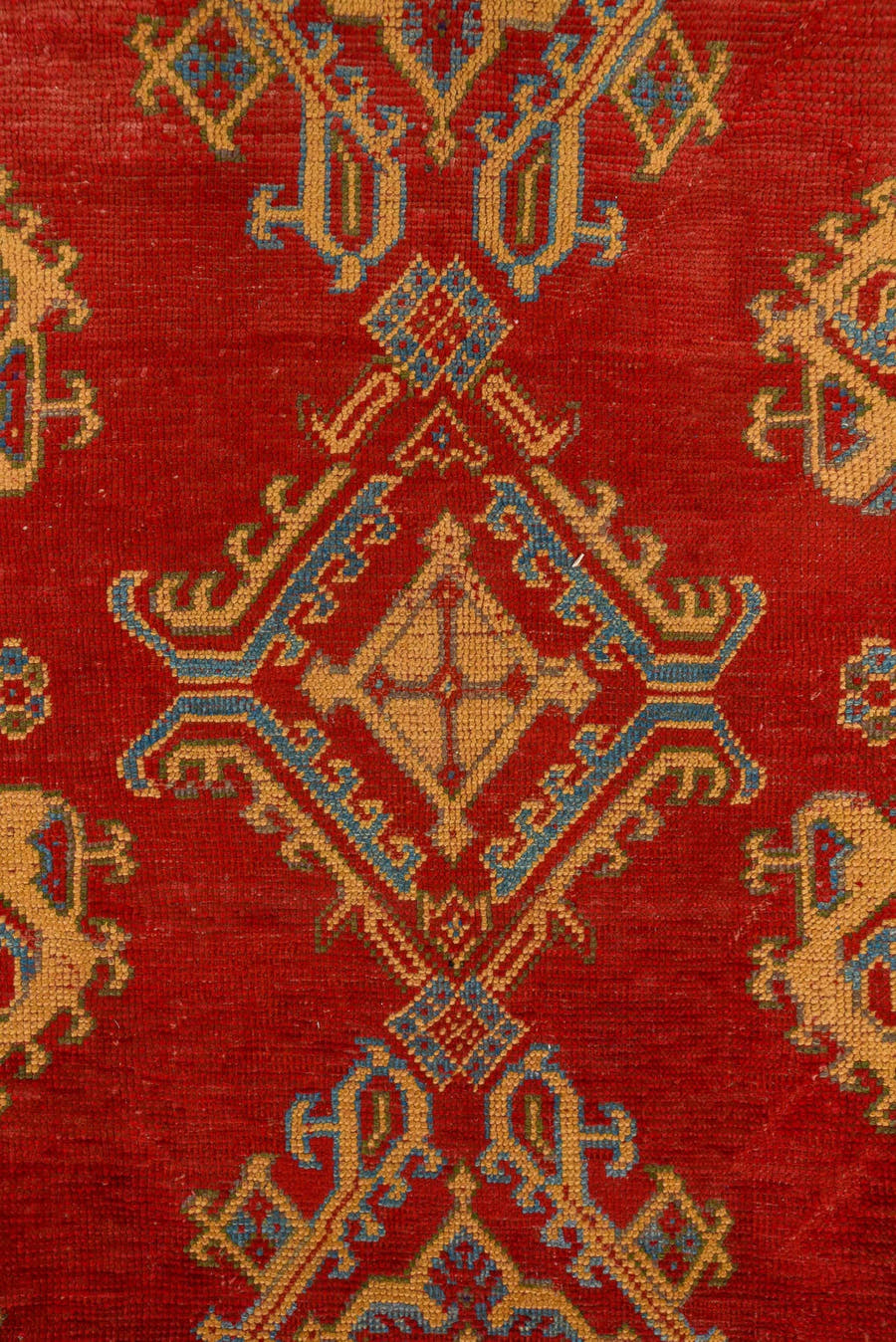 6' x 11' one-of-a-kind handmade antique Oushak large size rug. Color palette: red, ivory, soft blue, camel, rust, slate