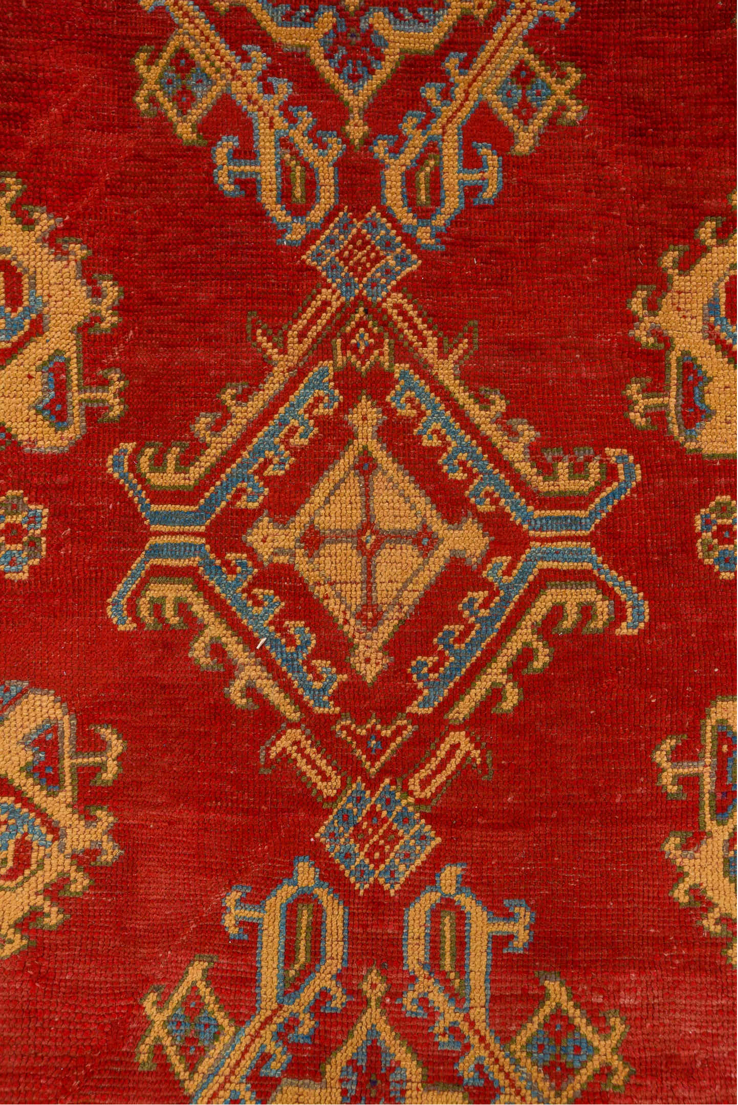 6' x 11' one-of-a-kind handmade antique Oushak large size rug. Color palette: red, ivory, soft blue, camel, rust, slate