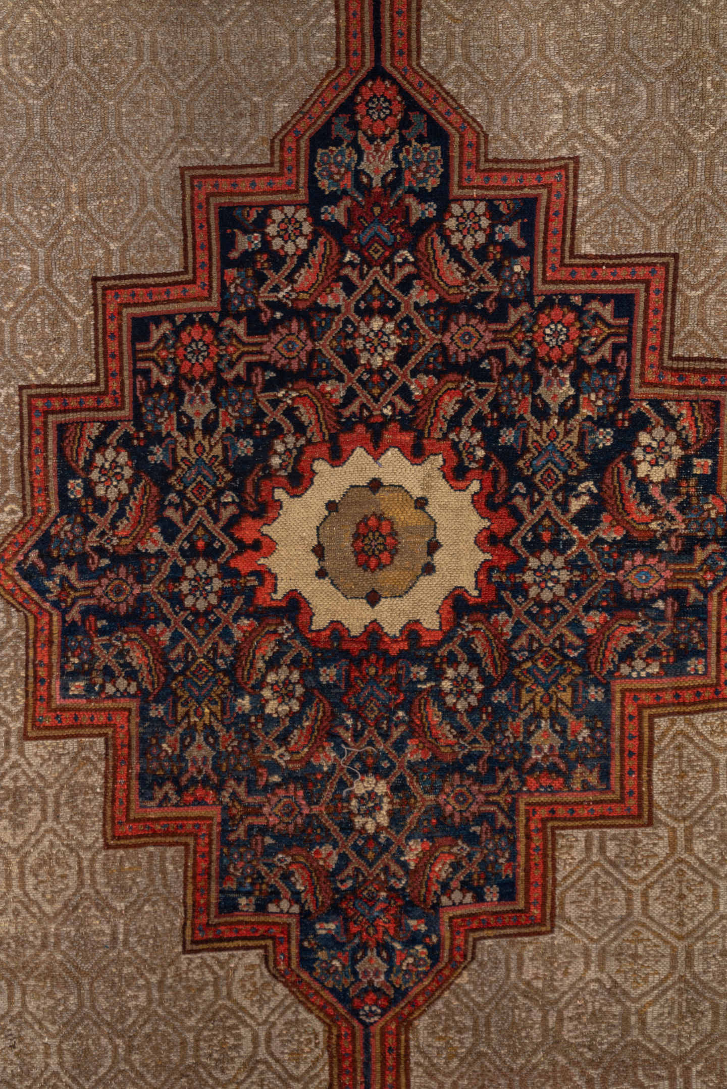 6' x 13' one-of-a-kind handmade vintage Cam Hamadan large size rug. Color palette: ivory, navy, rust, camel, crimson, slate