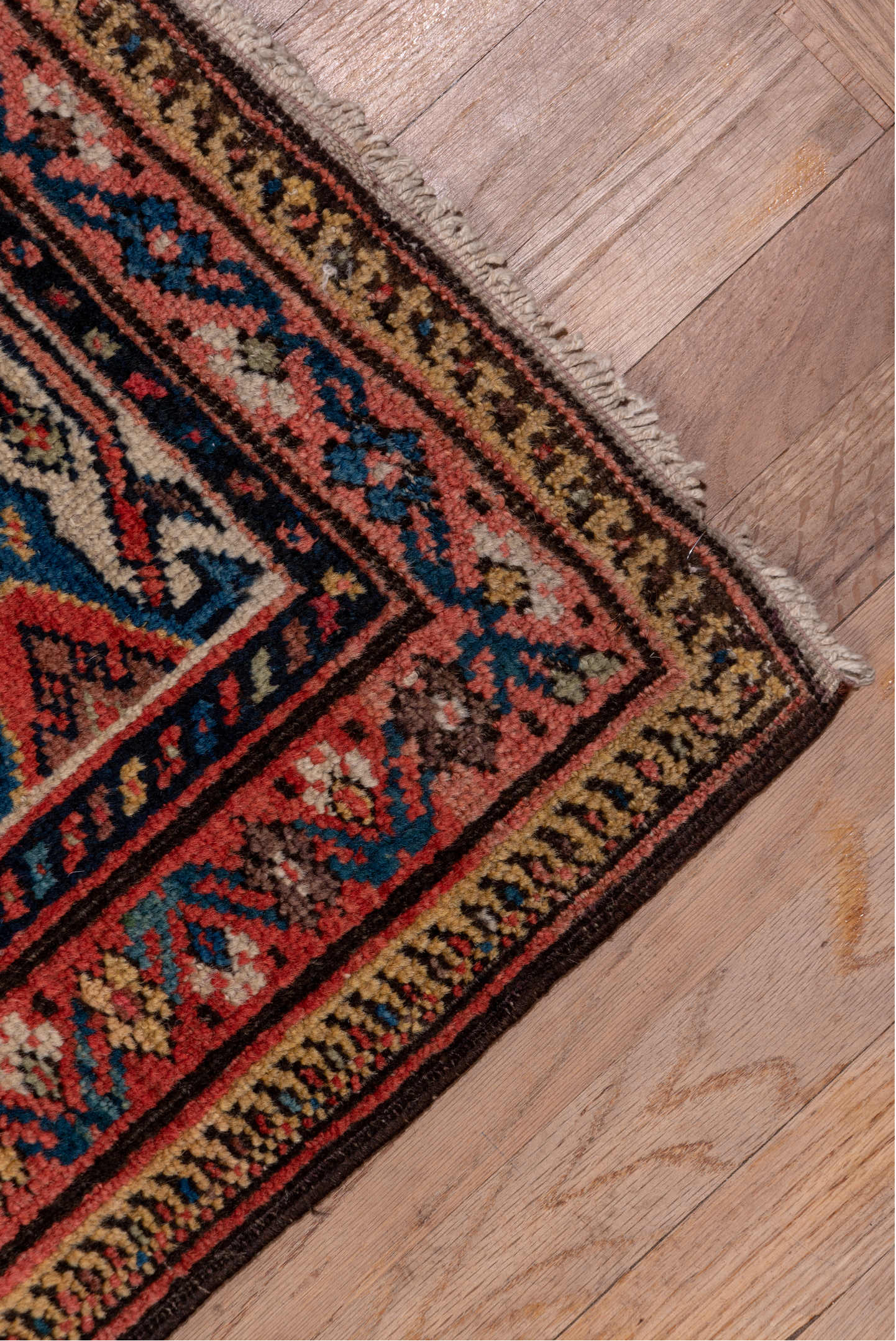 7' x 17' one-of-a-kind handmade antique Mahal rug. Color palette: navy, rust, ivory, coral, indigo, camel, burgundy, blue