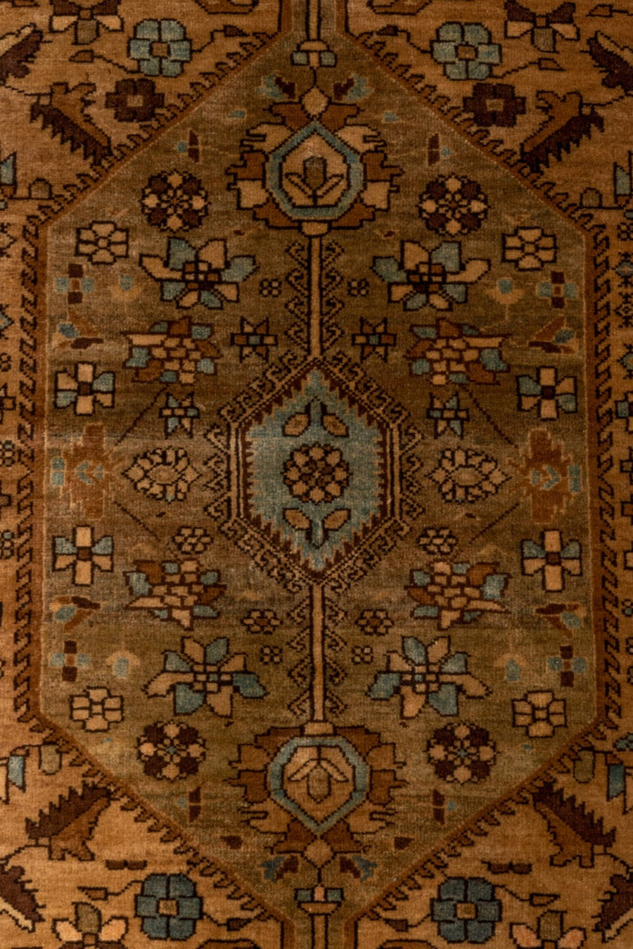 4' x 6' one-of-a-kind handmade antique Far.Sarouk small size rug. Color palette: camel, navy, ivory, taupe, walnut, sage