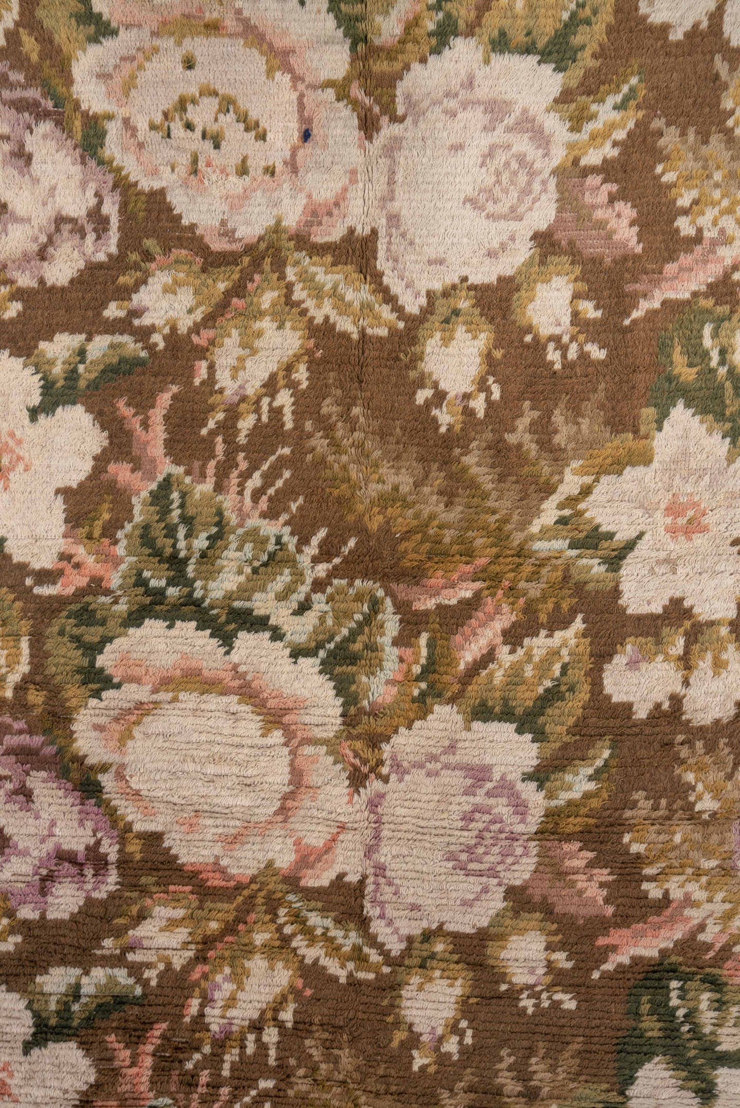 5' x 6' one-of-a-kind handmade vintage Rya-Swedish rug. Color palette: brown, ivory, blush, sage, taupe, rose, olive