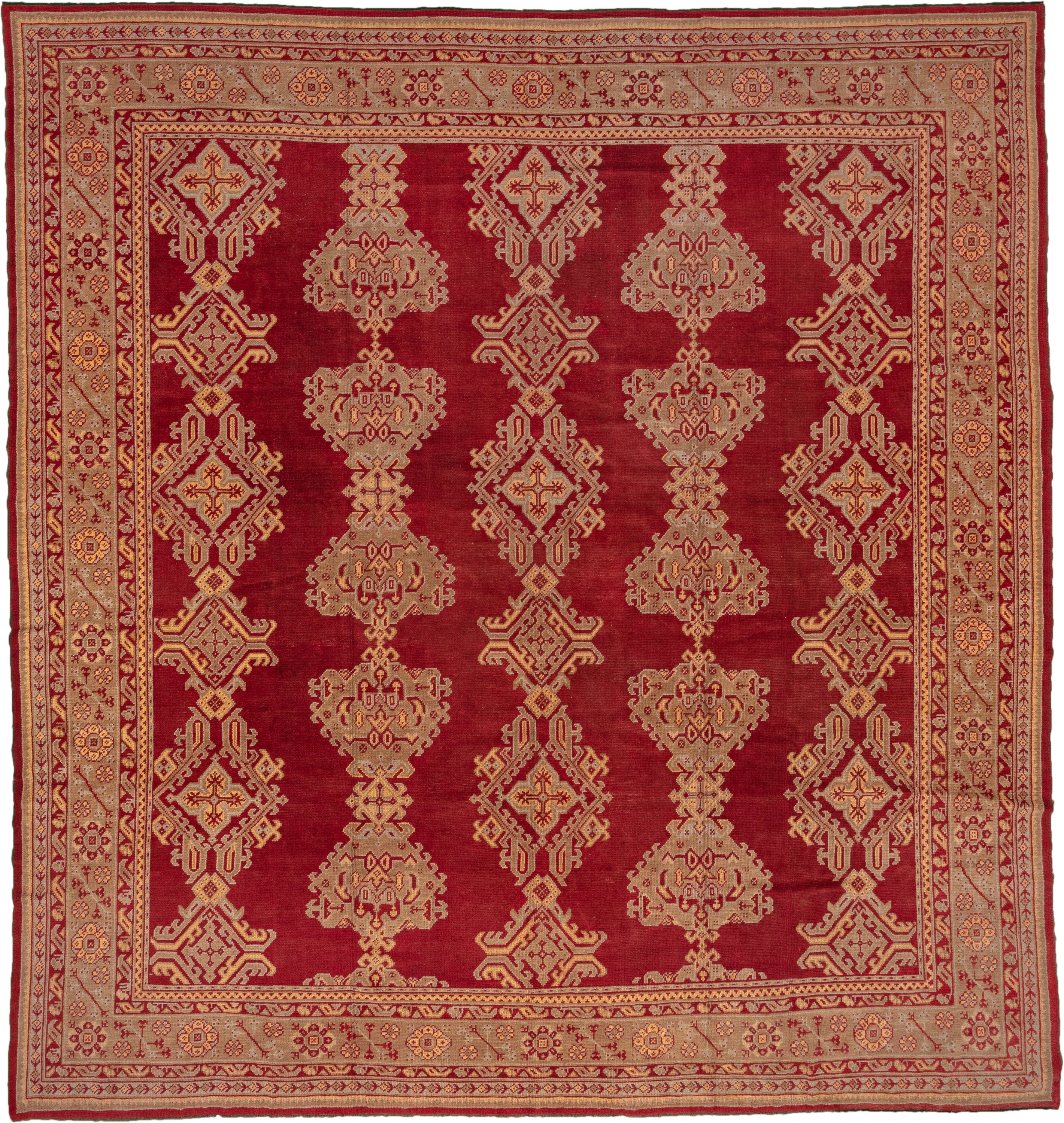 12' x 12' one-of-a-kind handmade antique Oushak oversize rug. Color palette: red, ivory, rust, gold, camel, burgundy