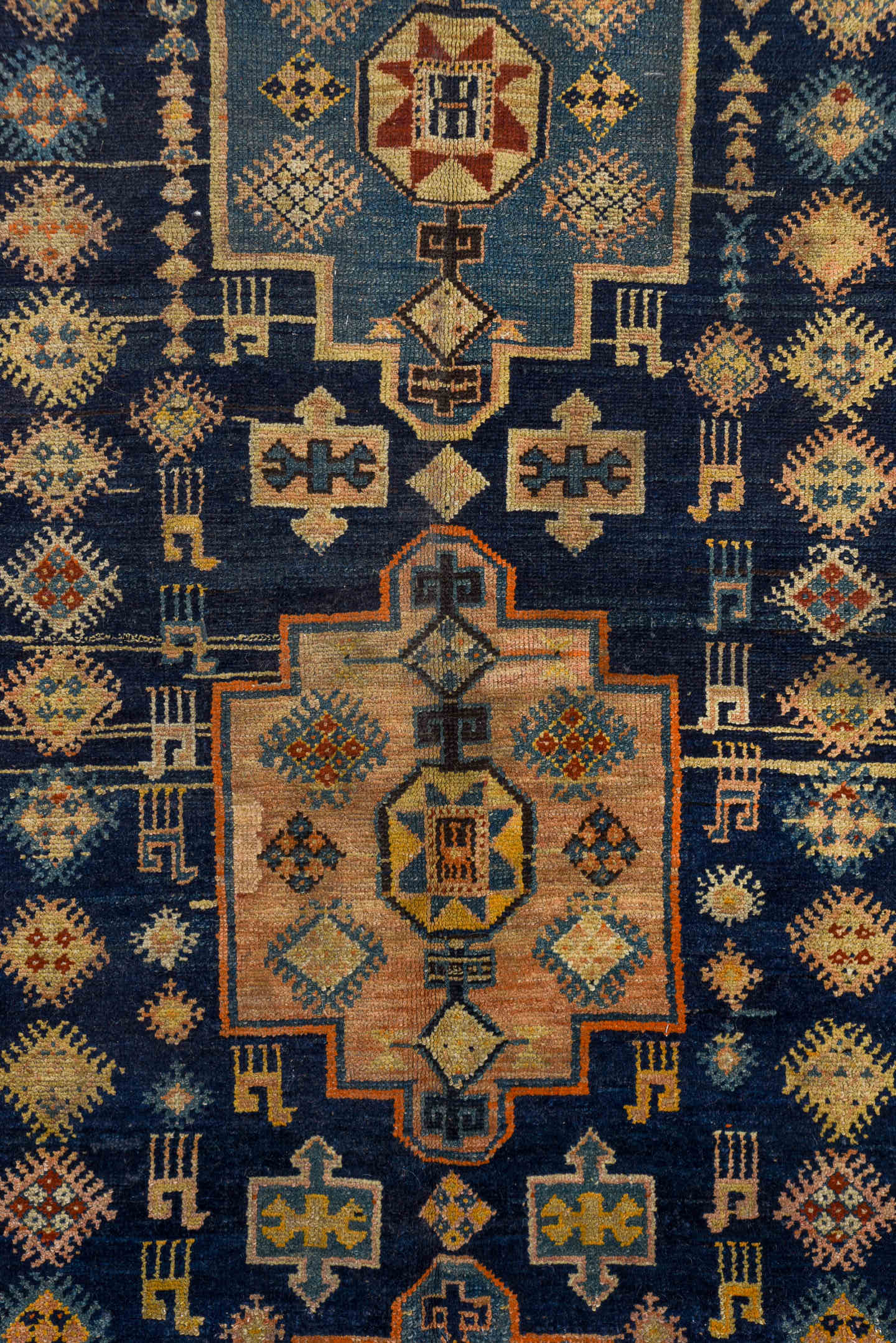 4' x 10' one-of-a-kind handmade antique Hamadan runner rug. Color palette: navy, rust, ivory, sky blue, camel, slate