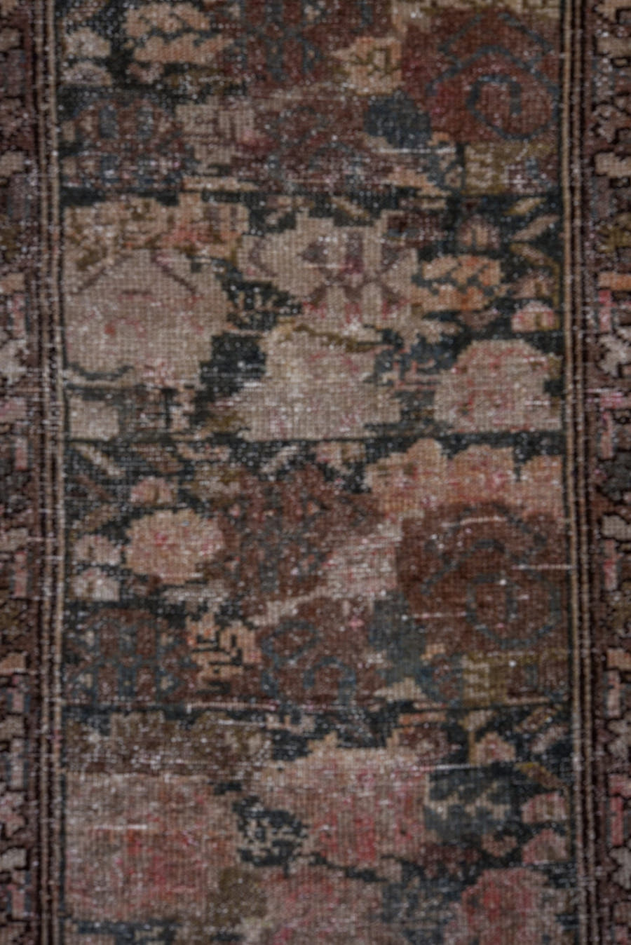 3' x 16' one-of-a-kind handmade antique Malayer runner rug. Color palette: taupe, charcoal, ivory, rose, rust, brown, sage