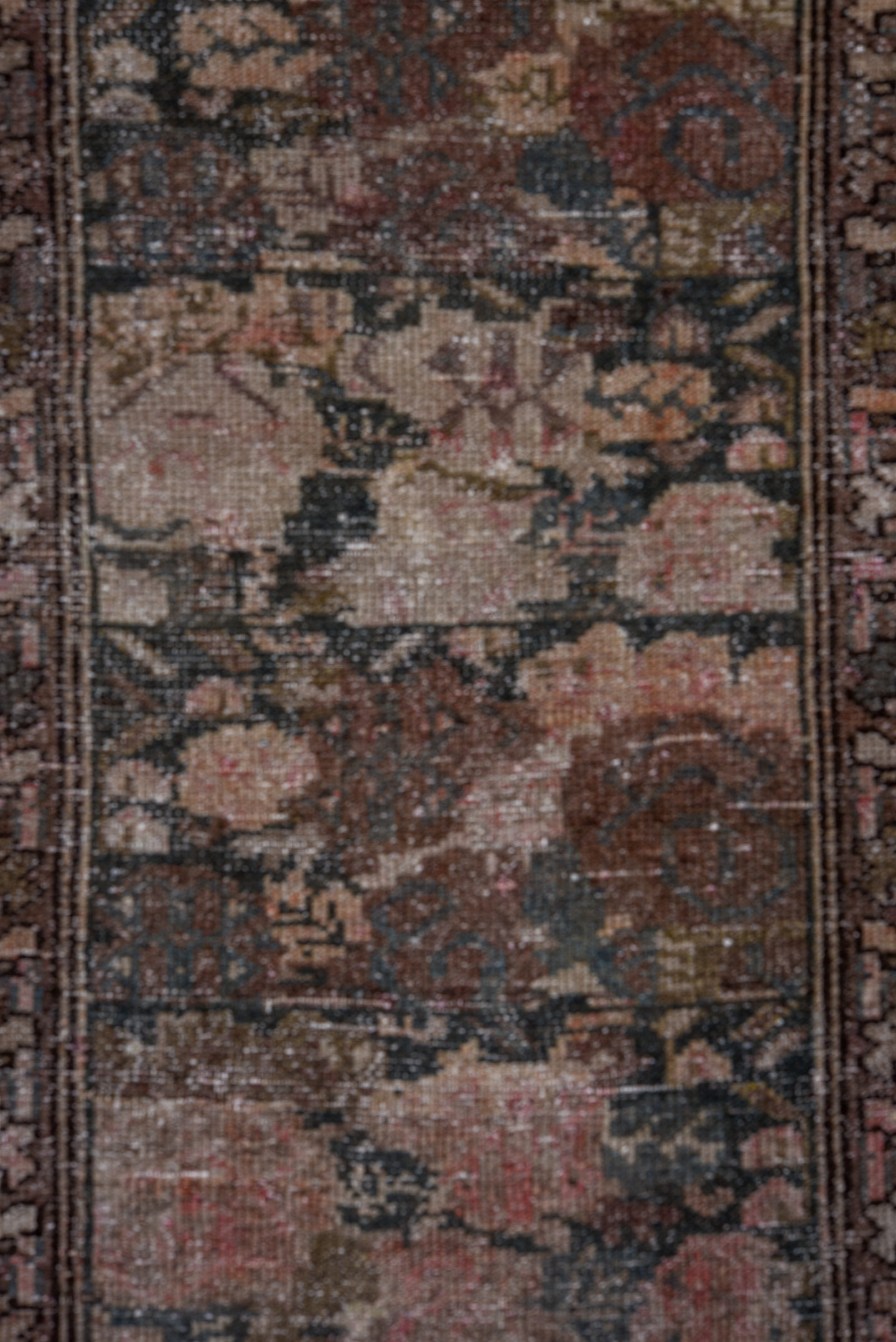 3' x 16' one-of-a-kind handmade antique Malayer runner rug. Color palette: taupe, charcoal, ivory, rose, rust, brown, sage