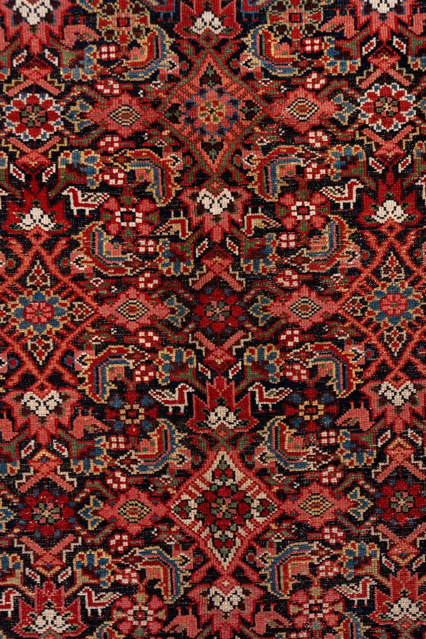 7' x 16' one-of-a-kind handmade antique Malayer rug. Color palette: navy, rust, ivory, brick, slate blue, rose, charcoal