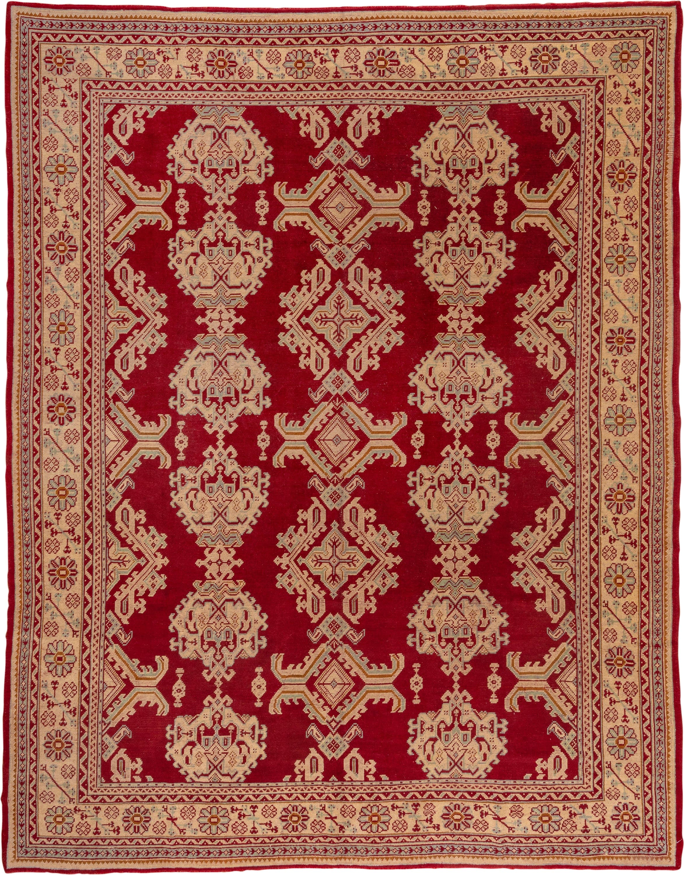 10' x 13' one-of-a-kind handmade antique Oushak large size rug. Color palette: crimson, ivory, beige, gold, rust, red