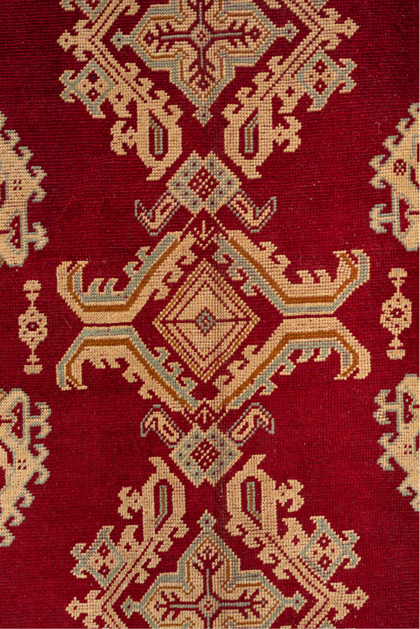 10' x 13' one-of-a-kind handmade antique Oushak large size rug. Color palette: crimson, ivory, beige, gold, rust, red