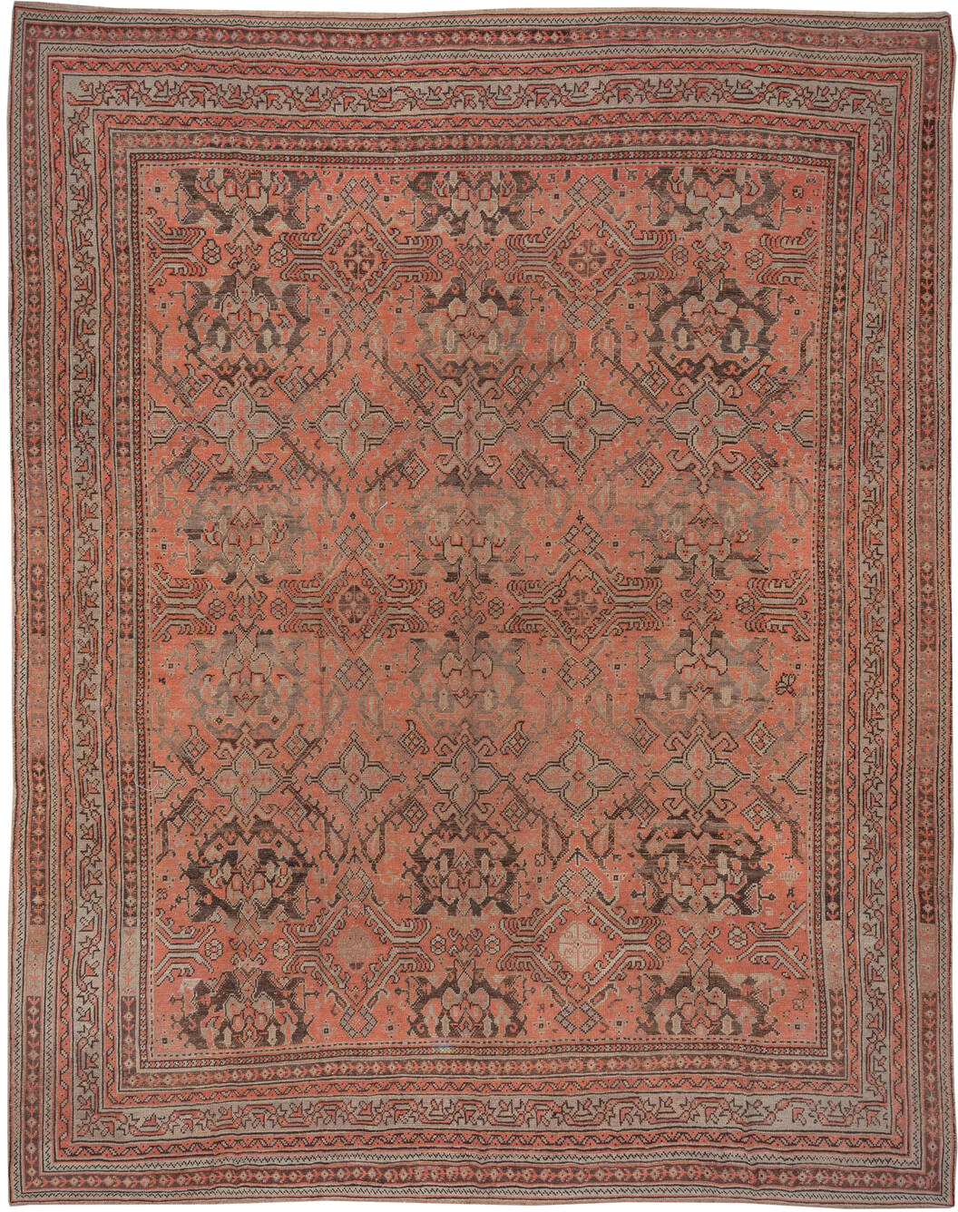 13' x 16' one-of-a-kind handmade antique Oushak oversize rug. Color palette: coral, taupe, charcoal, rose, ivory, brown