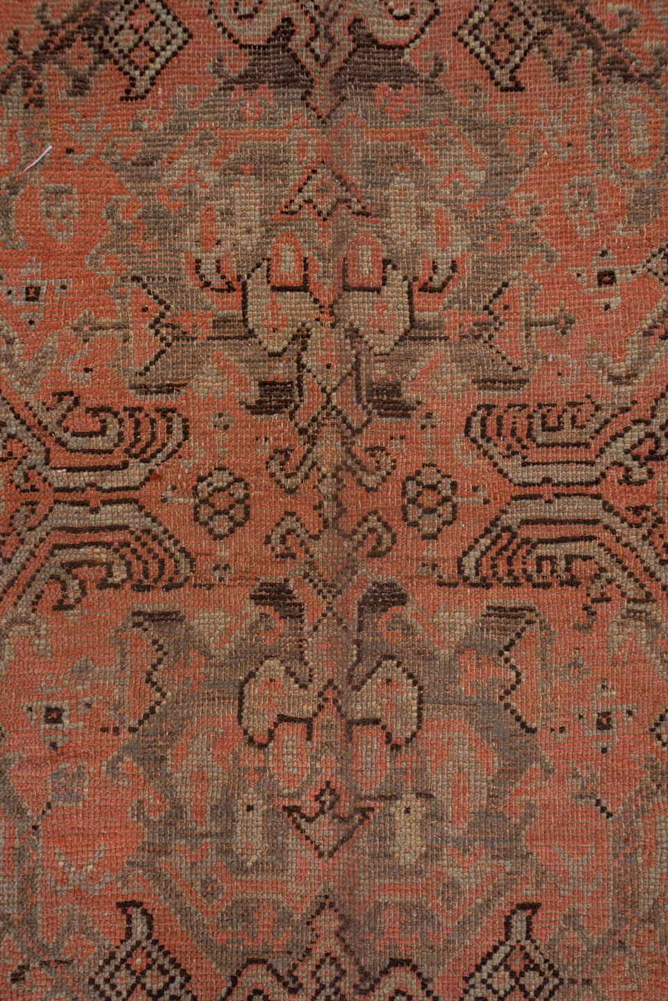 13' x 16' one-of-a-kind handmade antique Oushak oversize rug. Color palette: coral, taupe, charcoal, rose, ivory, brown
