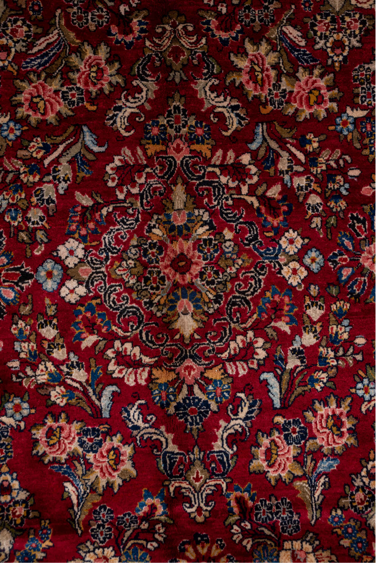 8' x 11' one-of-a-kind handmade antique Sarouk large size rug. Color palette: red, navy, ivory, rose, burgundy, camel, slate
