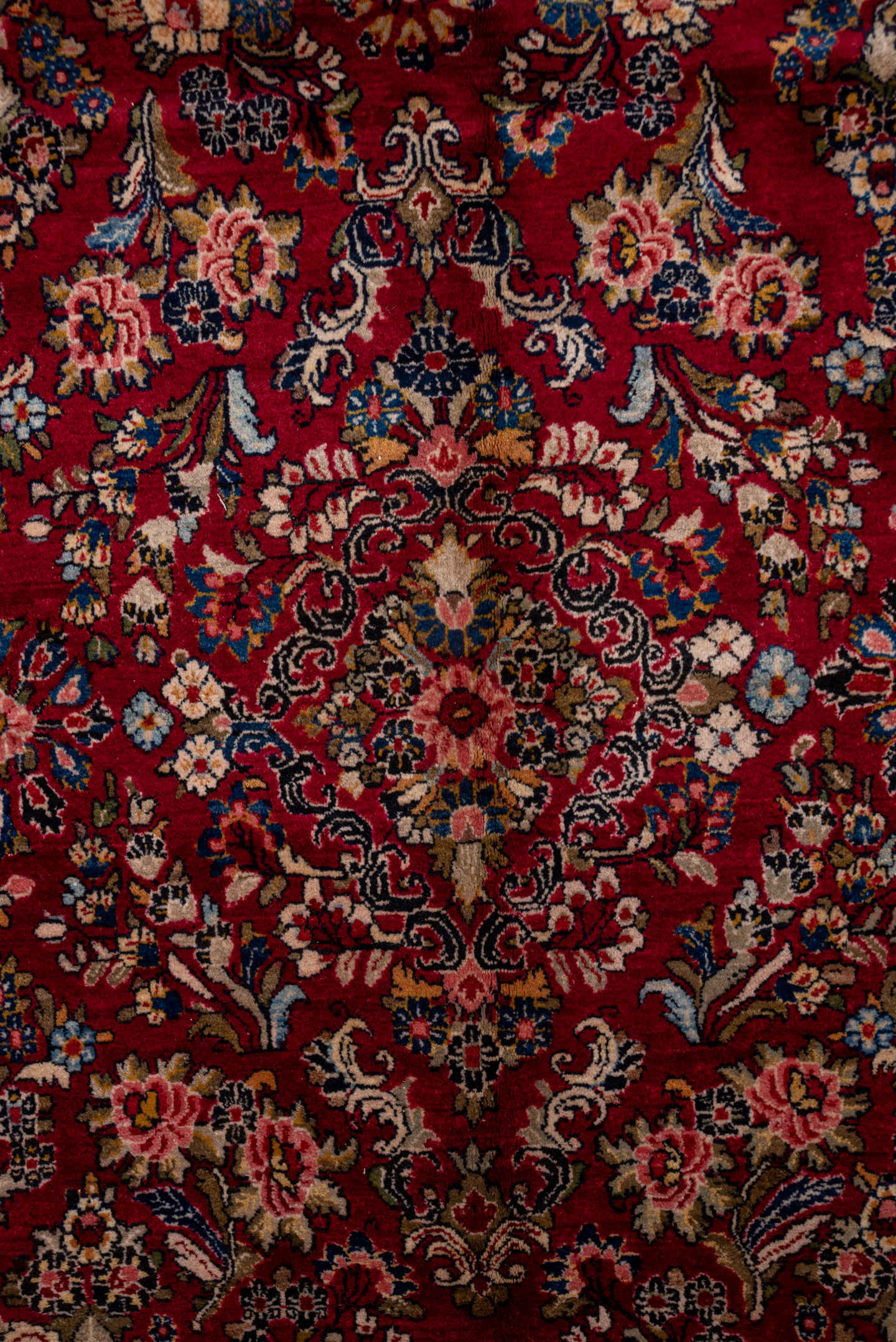 8' x 11' one-of-a-kind handmade antique Sarouk large size rug. Color palette: red, navy, ivory, rose, burgundy, camel, slate