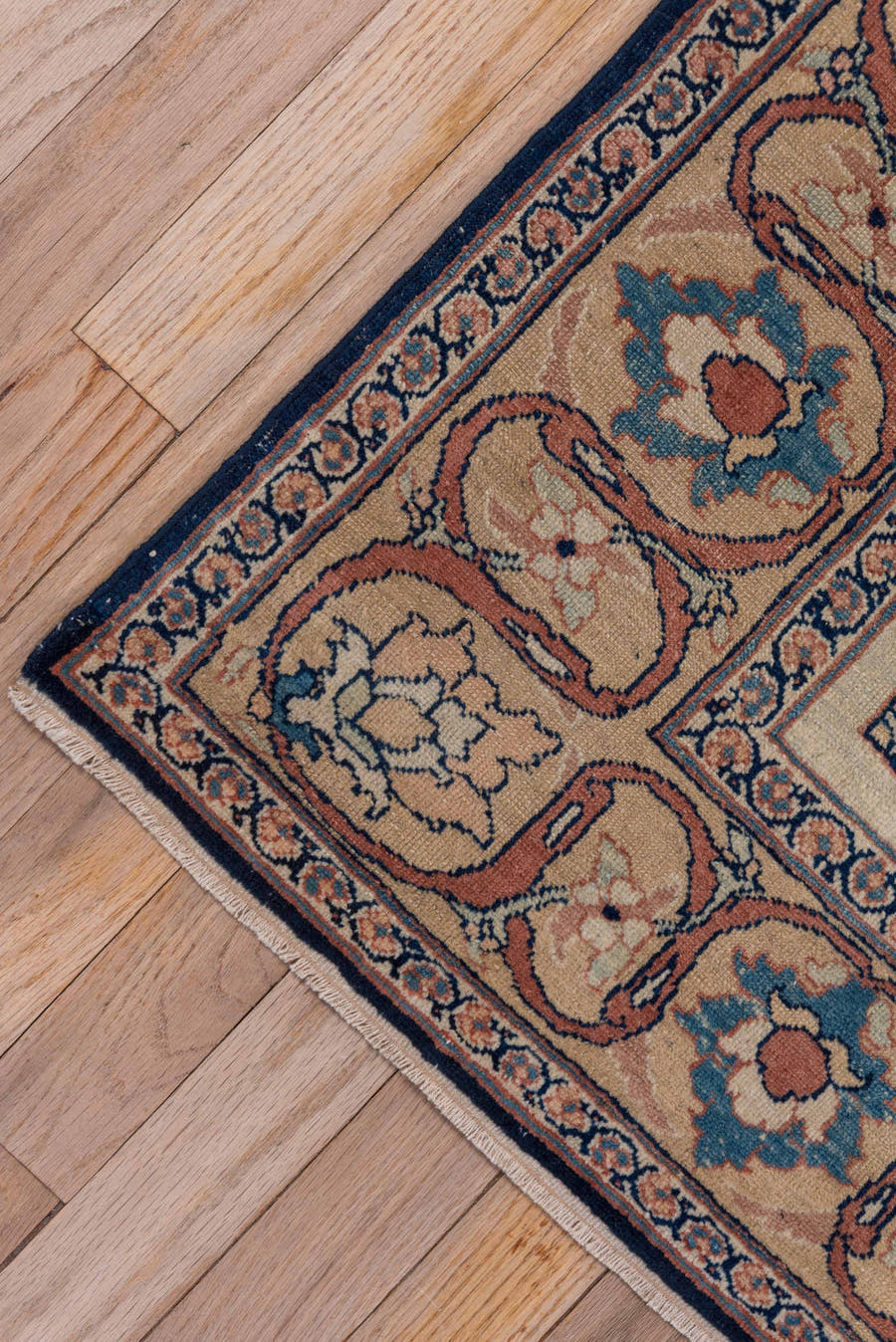 4' x 6' one-of-a-kind handmade antique Tabriz small size rug. Color palette: navy, terracotta, ivory, camel, sky_blue, rose