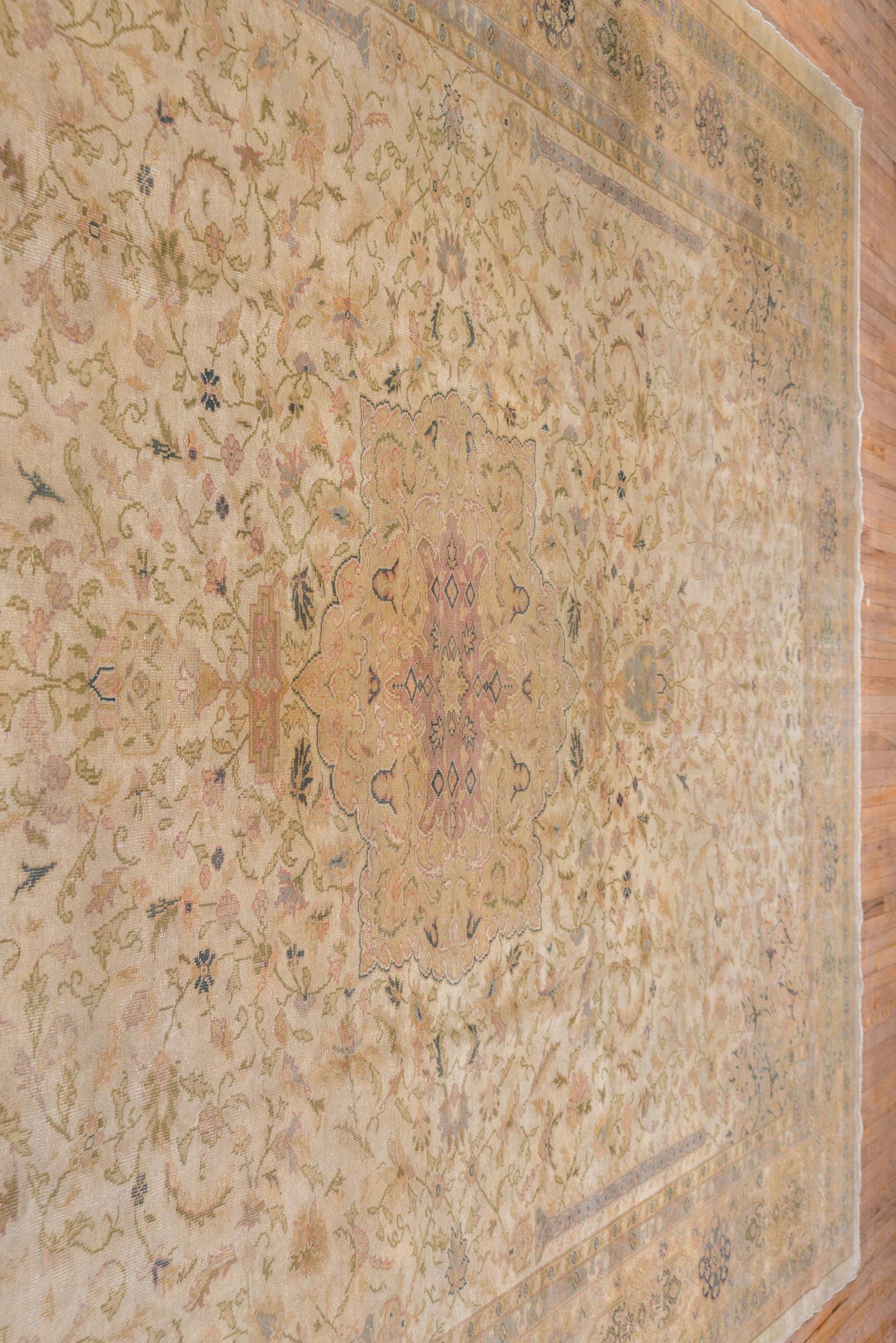 11' x 15' one-of-a-kind handmade antique Oushak oversize rug. Color palette: ivory, taupe, beige, blush, sage, soft blue
