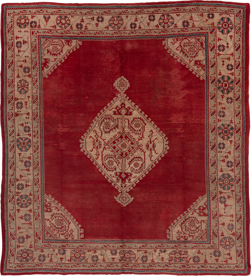 9' x 10' one-of-a-kind handmade vintage Oushak large size rug. Color palette: black, brown, charcoal, gray, pink, red