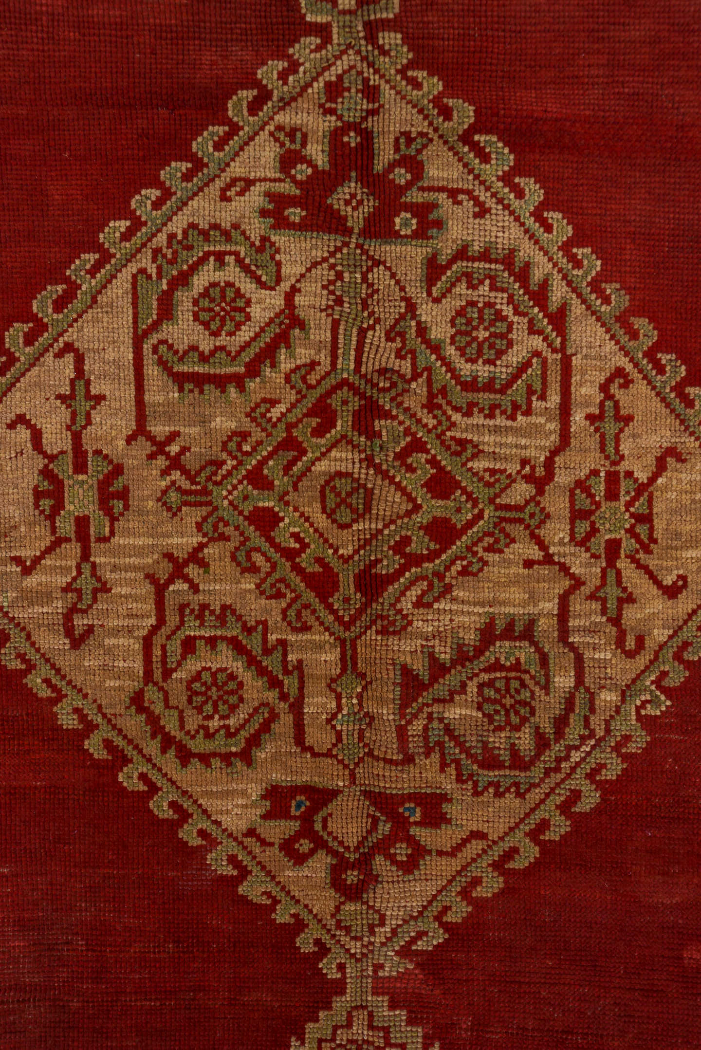 9' x 10' one-of-a-kind handmade antique Oushak large size rug. Color palette: red, ivory, blue, burgundy, rose, pink