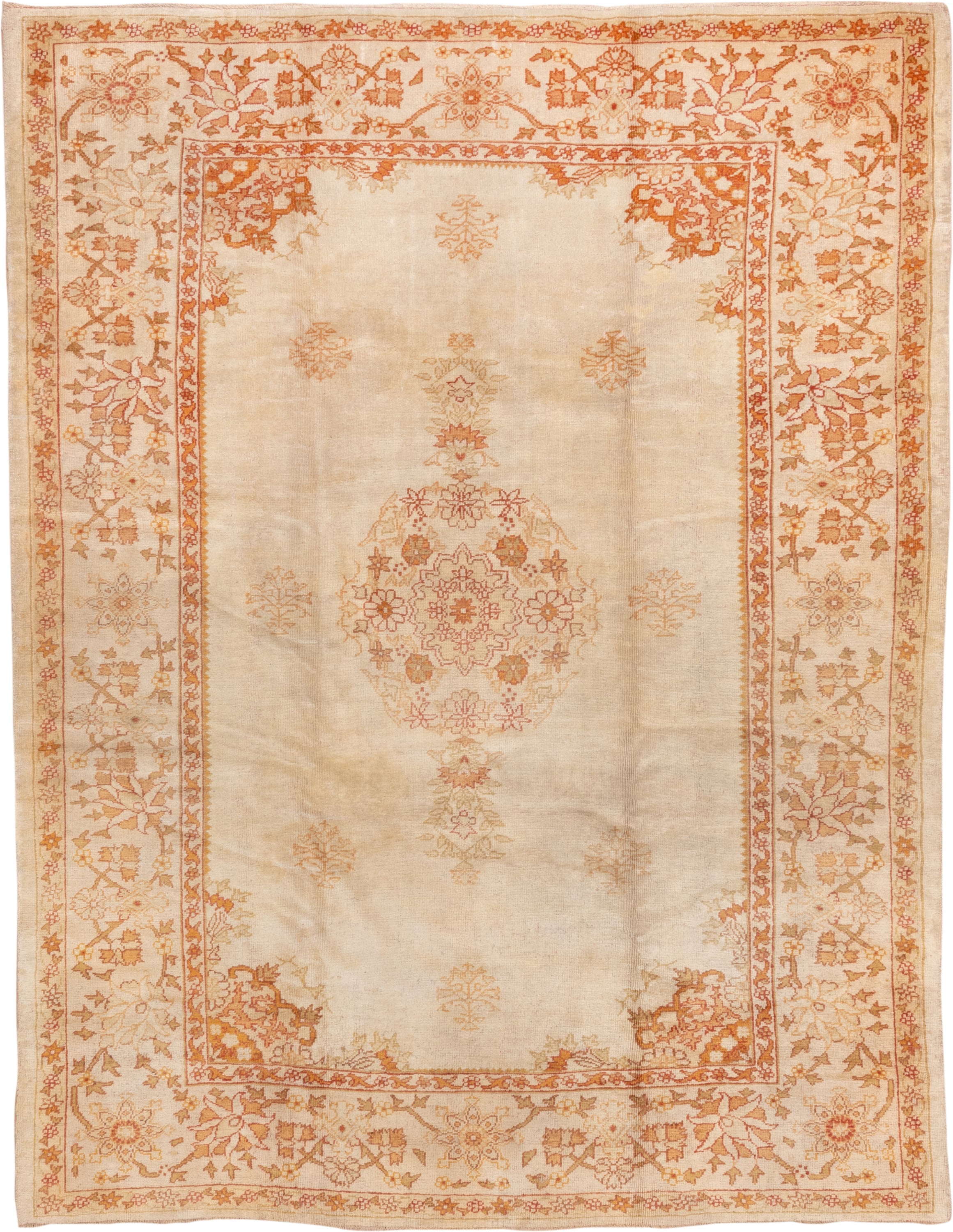 8' x 10' one-of-a-kind handmade antique Oushak large size rug. Color palette: ivory, apricot, sand, peach, camel, gold