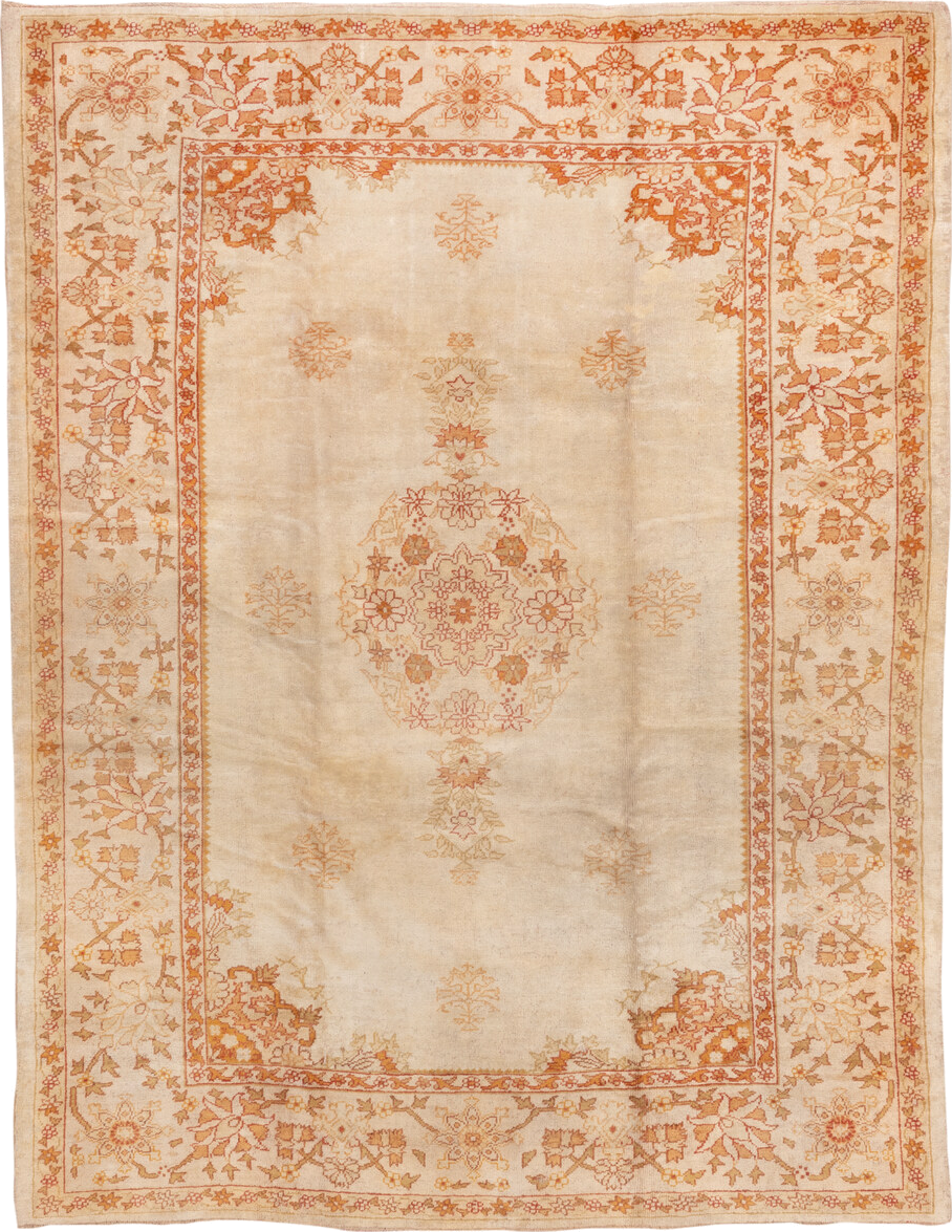 8' x 10' one-of-a-kind handmade vintage Oushak large size rug. Color palette: bisque, brown, burlywood, off-white, orange