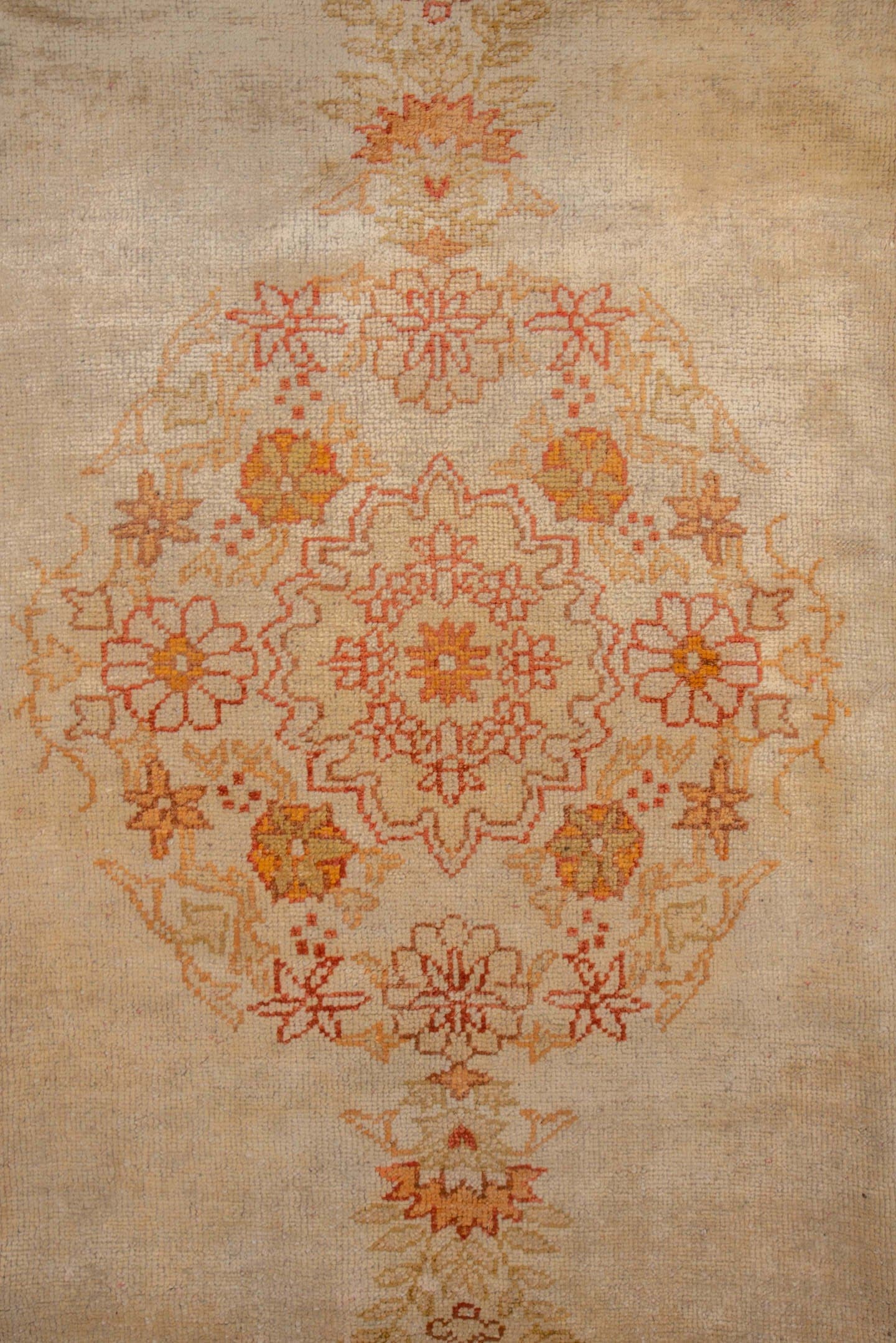 8' x 10' one-of-a-kind handmade antique Oushak large size rug. Color palette: ivory, apricot, sand, peach, camel, gold