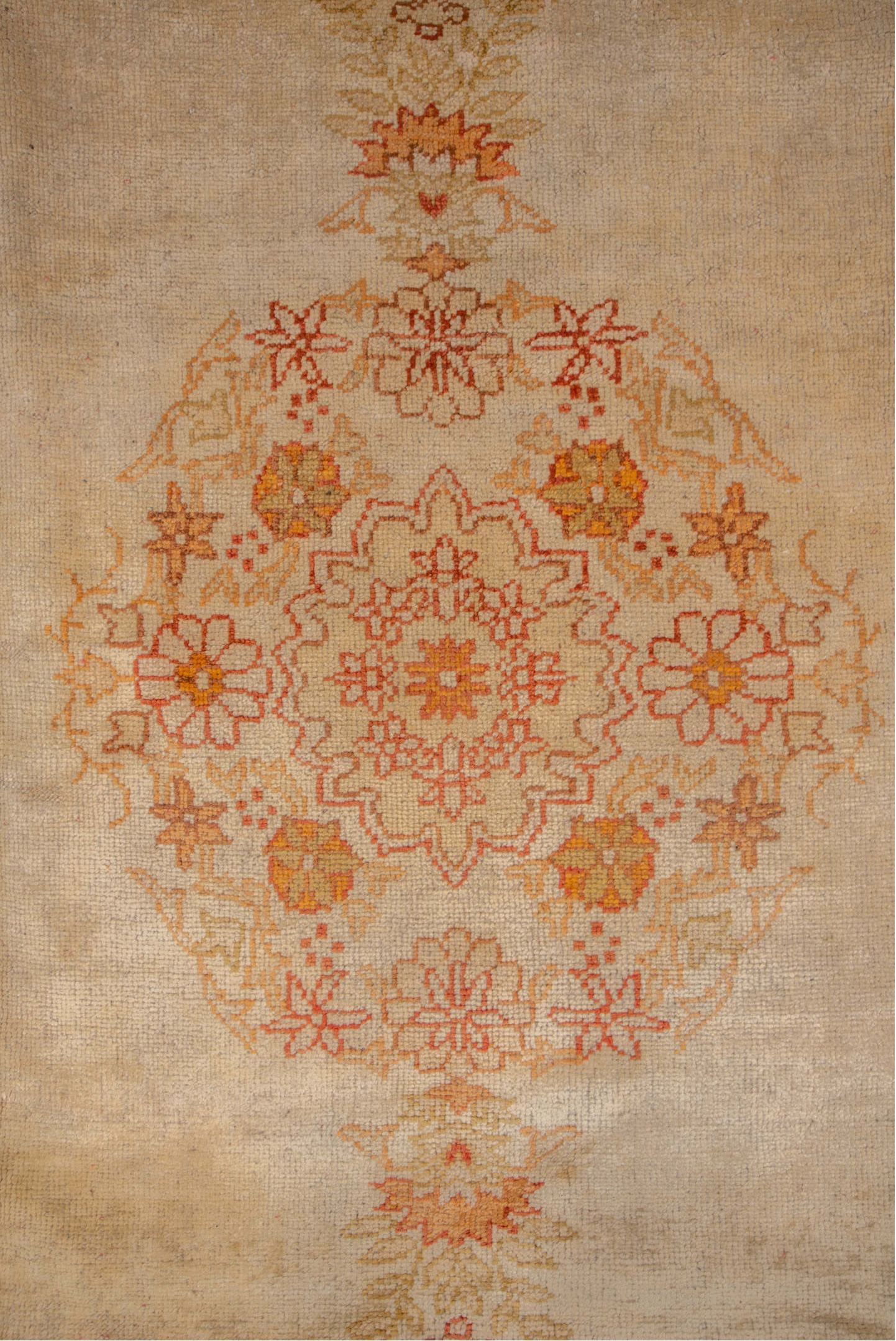 8' x 10' one-of-a-kind handmade vintage Oushak large size rug. Color palette: bisque, brown, burlywood, off-white, orange