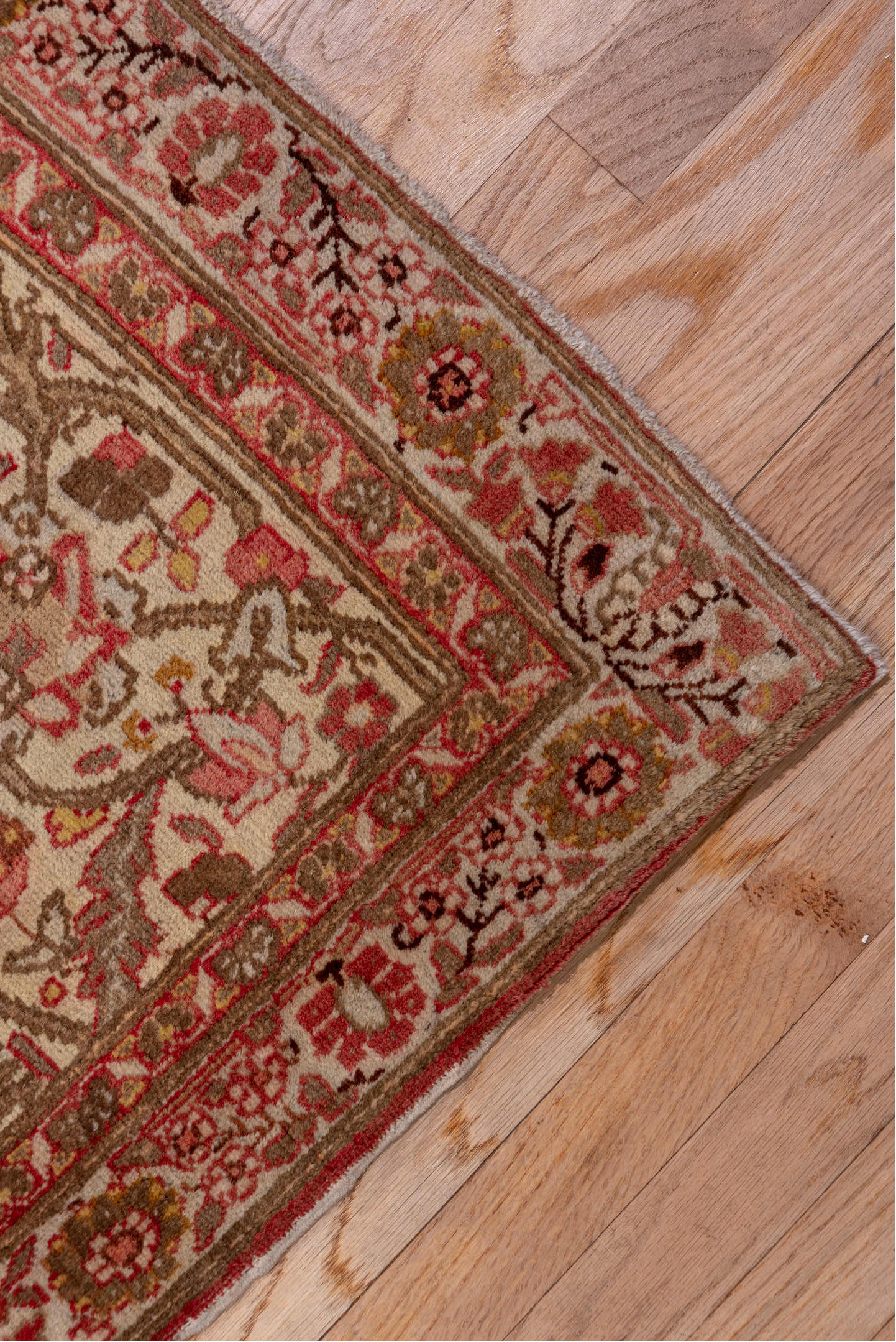 9' x 12' one-of-a-kind handmade antique Tabriz large size rug. Color palette: taupe, ivory, rose, rust, camel, brown, beige