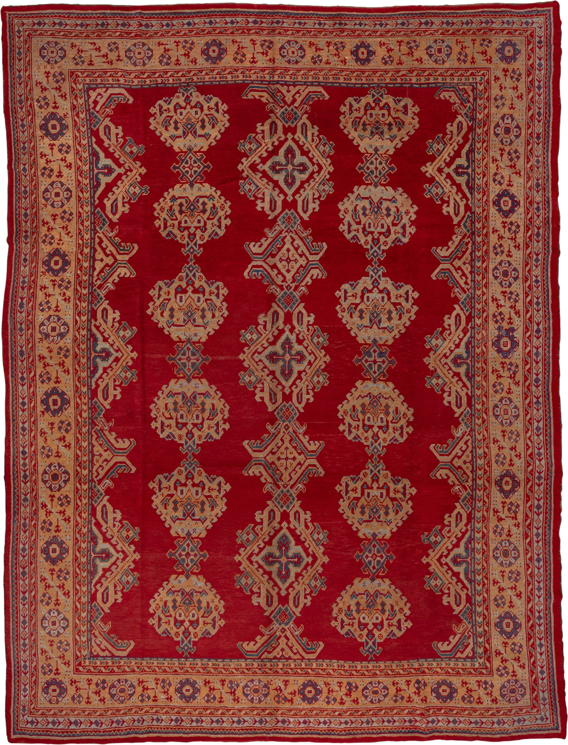10' x 13' one-of-a-kind handmade antique Oushak large size rug. Color palette: red, ivory, navy, camel, rust, sky_blue, blue