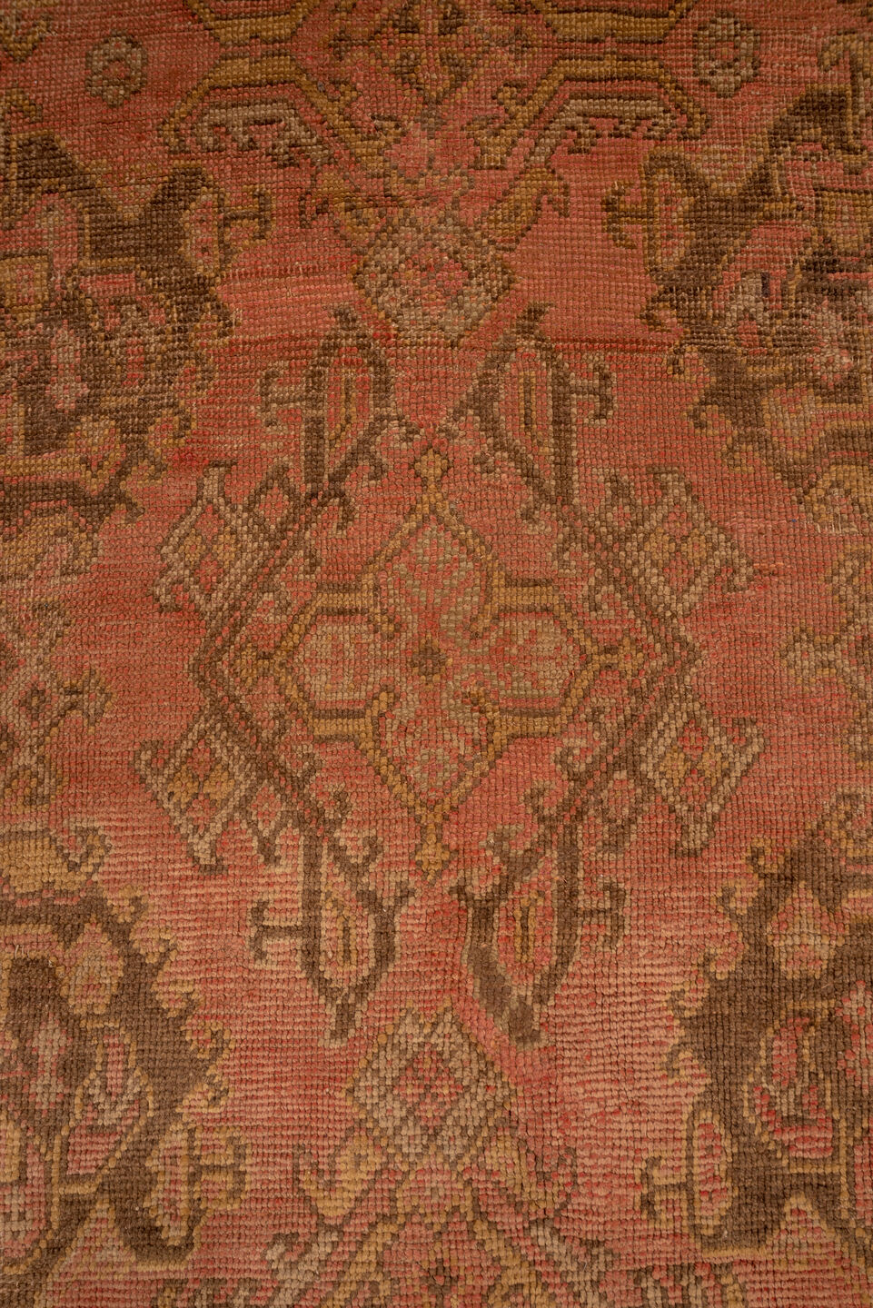 13' x 20' one-of-a-kind handmade antique Oushak oversize rug. Color palette: salmon, taupe, brown, beige, rose, camel, pink