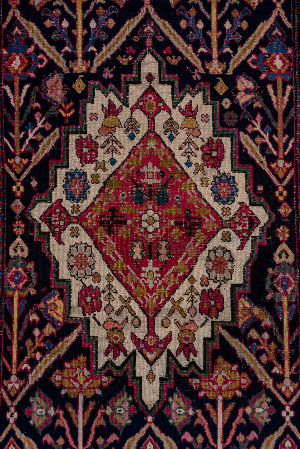 3' x 16' one-of-a-kind handmade antique Karabagh runner rug. Color palette: navy, rose, ivory, rust, gold, burgundy, olive