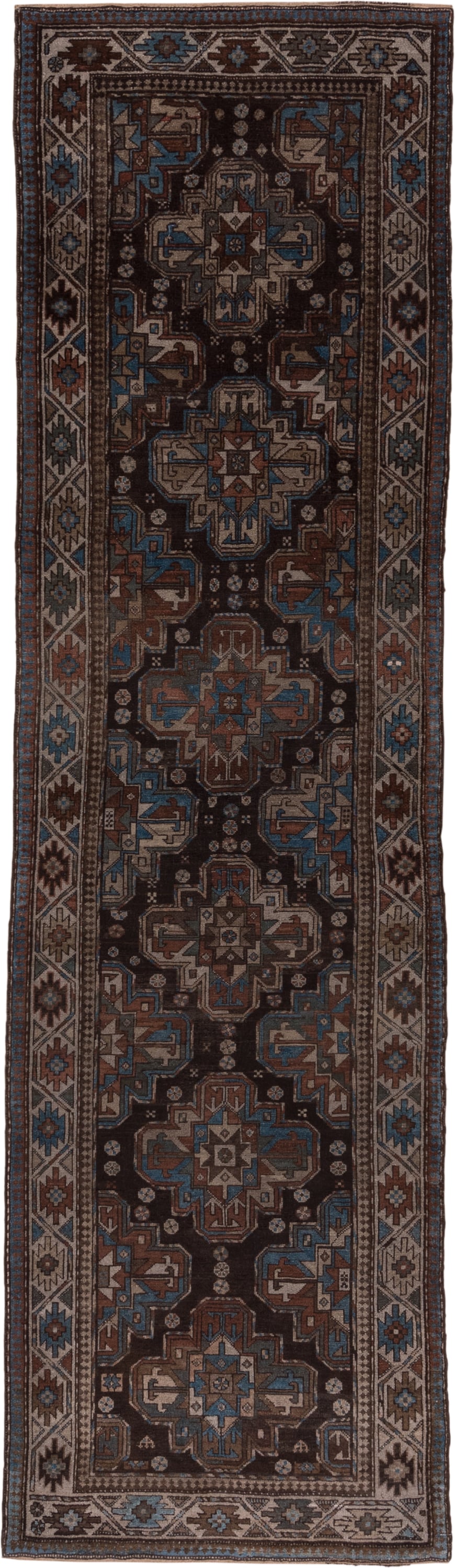 3' x 12' one-of-a-kind handmade antique Malayer runner rug. Color palette: brown, ivory, sky blue, taupe, rust, charcoal