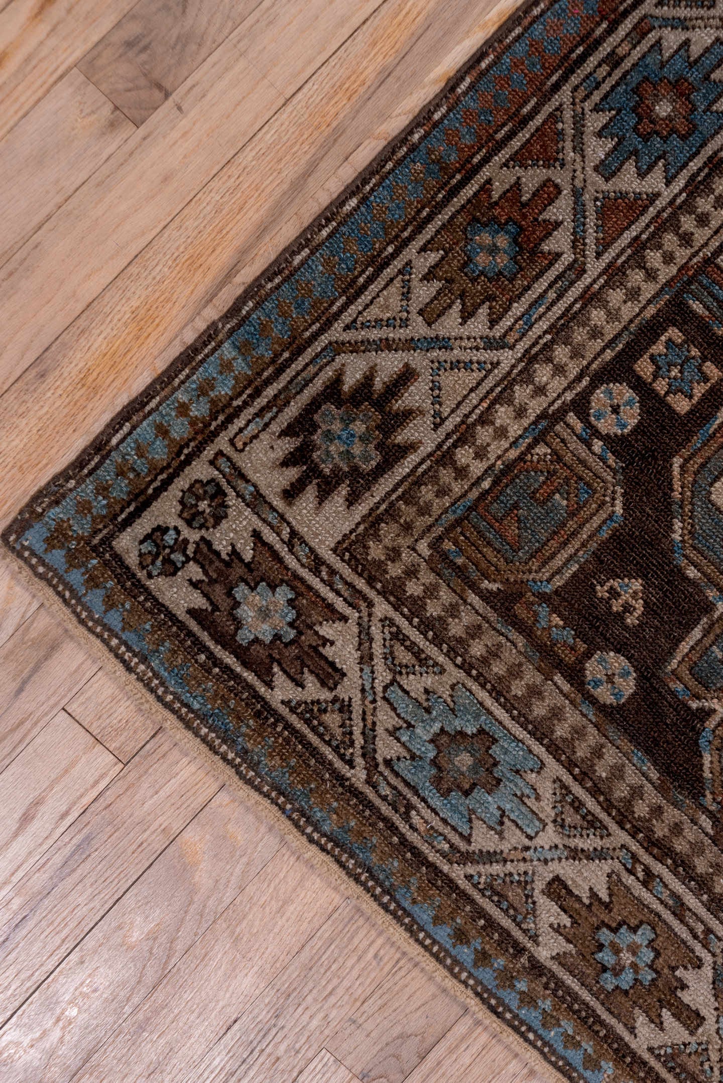 3' x 12' one-of-a-kind handmade antique Malayer runner rug. Color palette: brown, ivory, sky blue, taupe, rust, charcoal