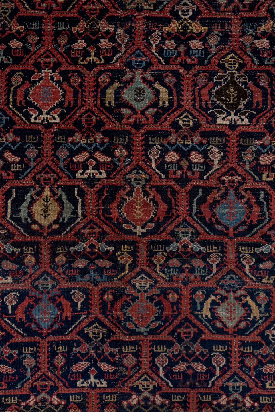 5' x 12' one-of-a-kind handmade antique Malayer rug. Color palette: navy, rust, ivory, crimson, slate, camel, blue