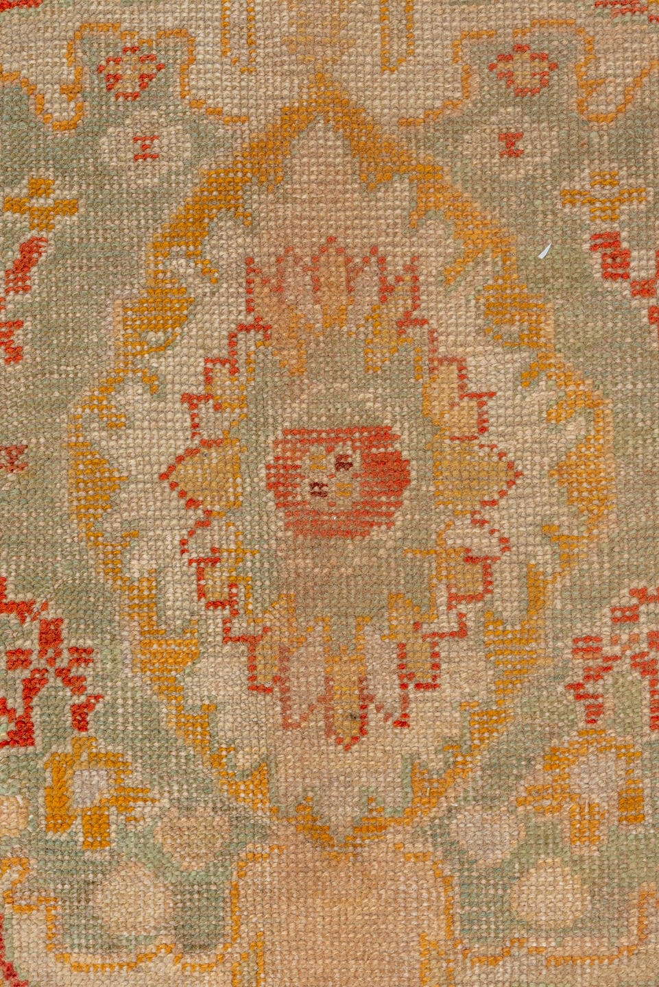13' x 15' one-of-a-kind handmade antique Oushak oversize rug. Color palette: rust, ivory, sage, gold, terra cotta, beige
