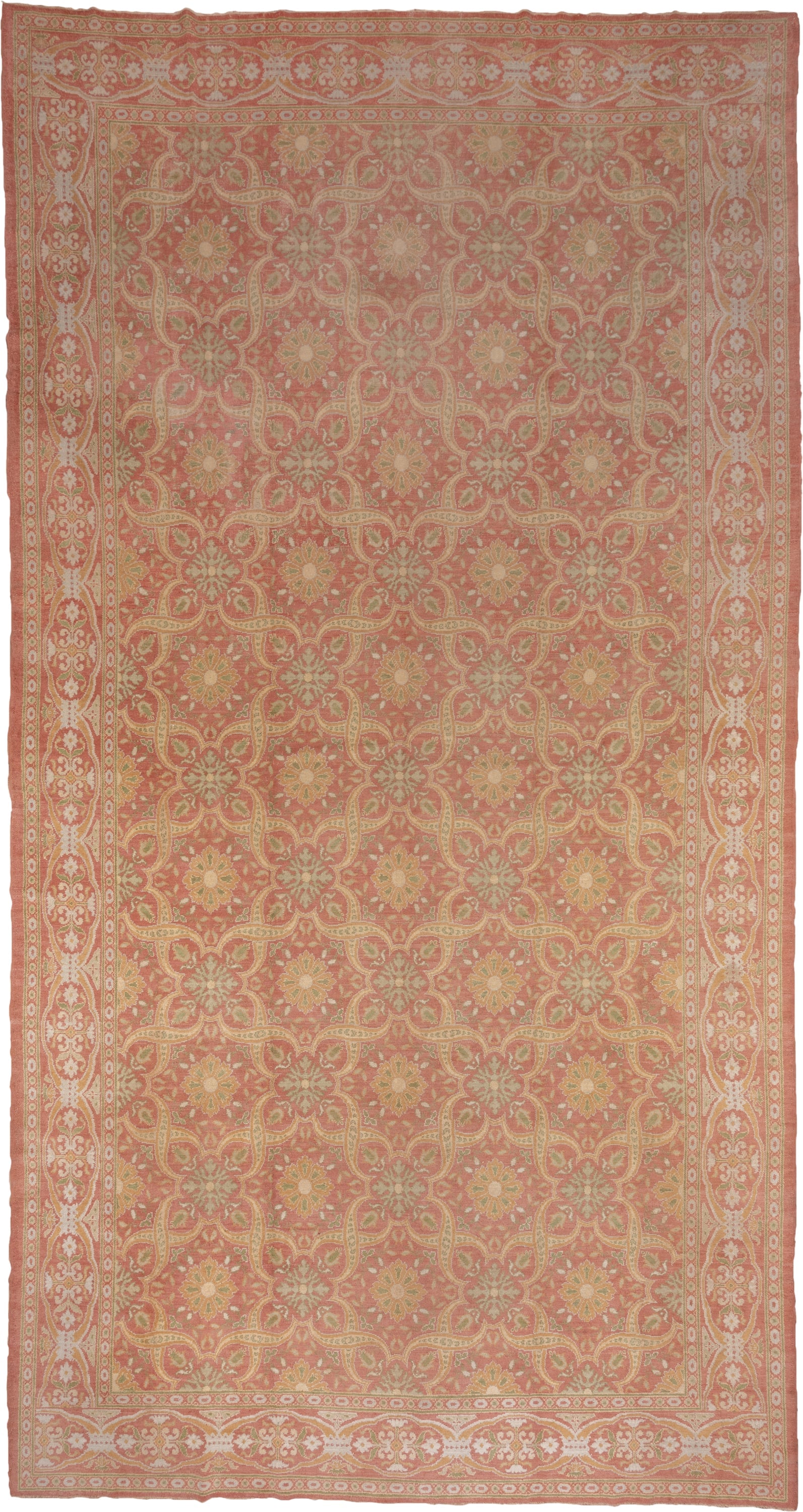 10' x 20' one-of-a-kind handmade antique Spanish rug. Color palette: coral, ivory, gold, sage, terra cotta, terracotta
