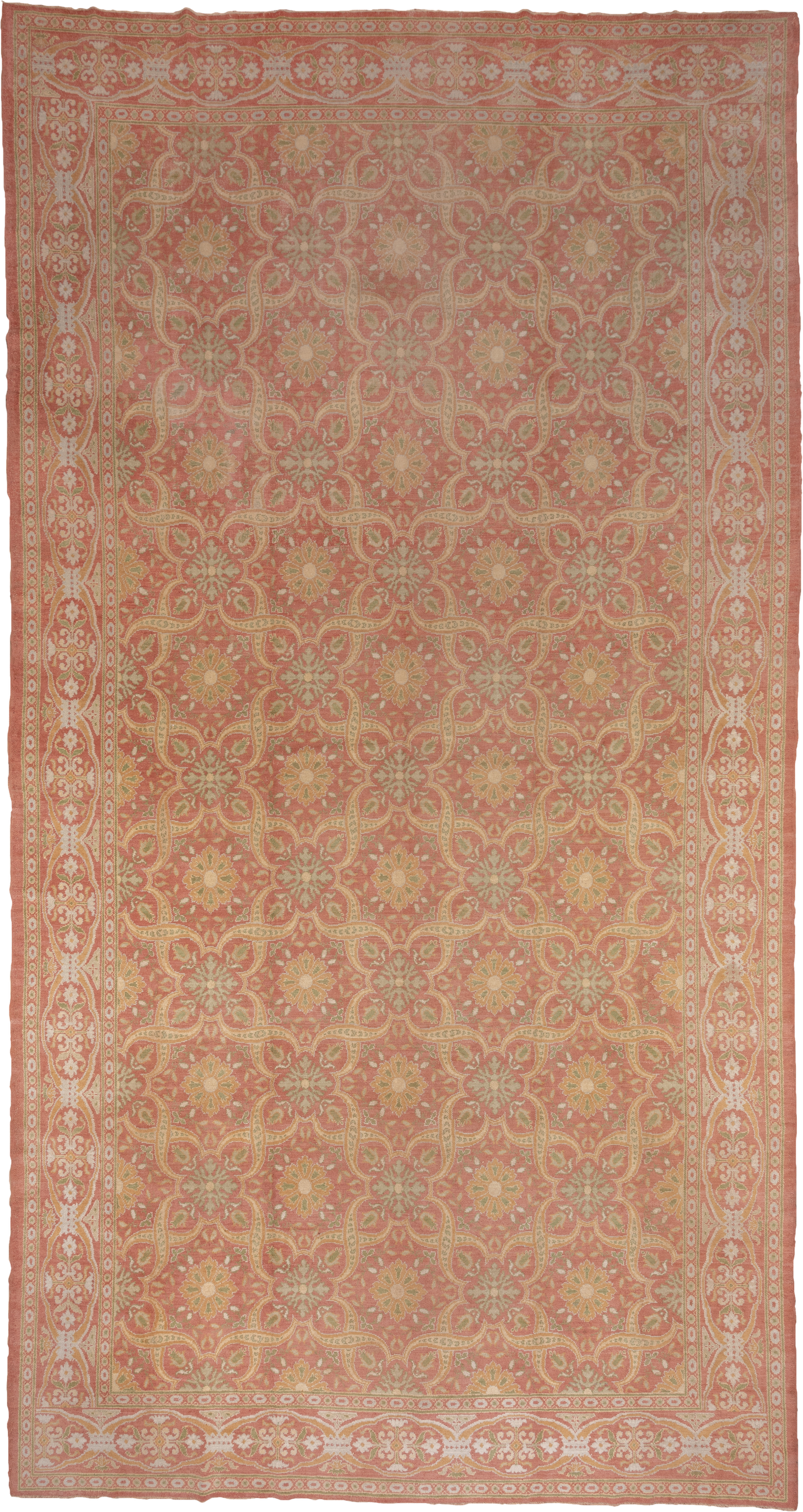 10' x 20' one-of-a-kind handmade antique Spanish rug. Color palette: coral, ivory, gold, sage, terra cotta, terracotta