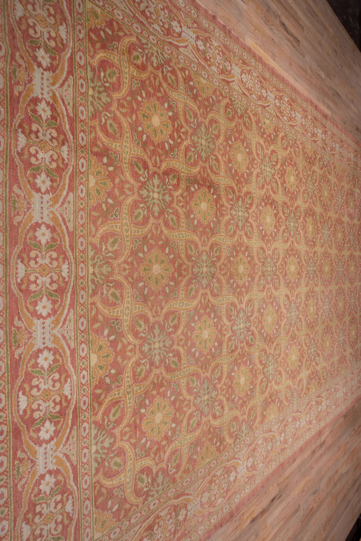 10' x 20' one-of-a-kind handmade antique Spanish rug. Color palette: coral, ivory, gold, sage, terra cotta, terracotta