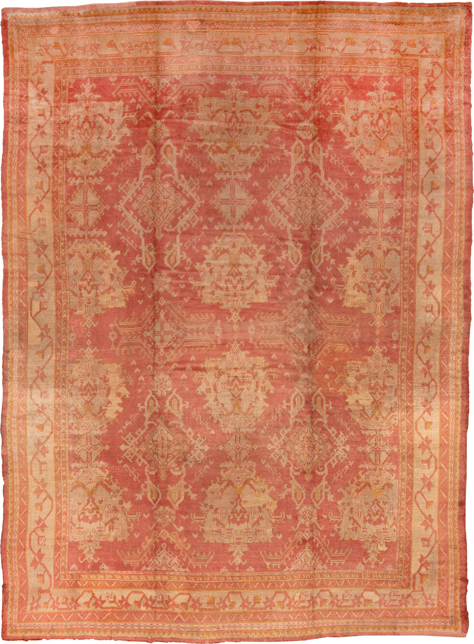 13' x 17' one-of-a-kind handmade vintage Oushak oversize rug. Color palette: brown, burlywood, dark salmon, orange, pink
