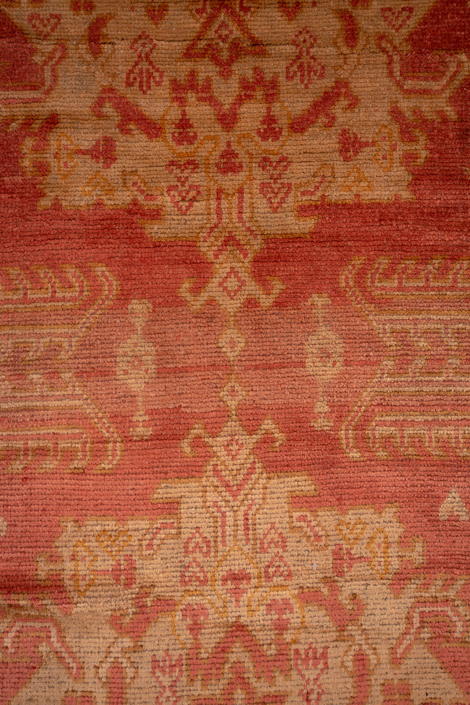 13' x 17' one-of-a-kind handmade antique Oushak oversize rug. Color palette: coral, ivory, apricot, beige, gold, salmon