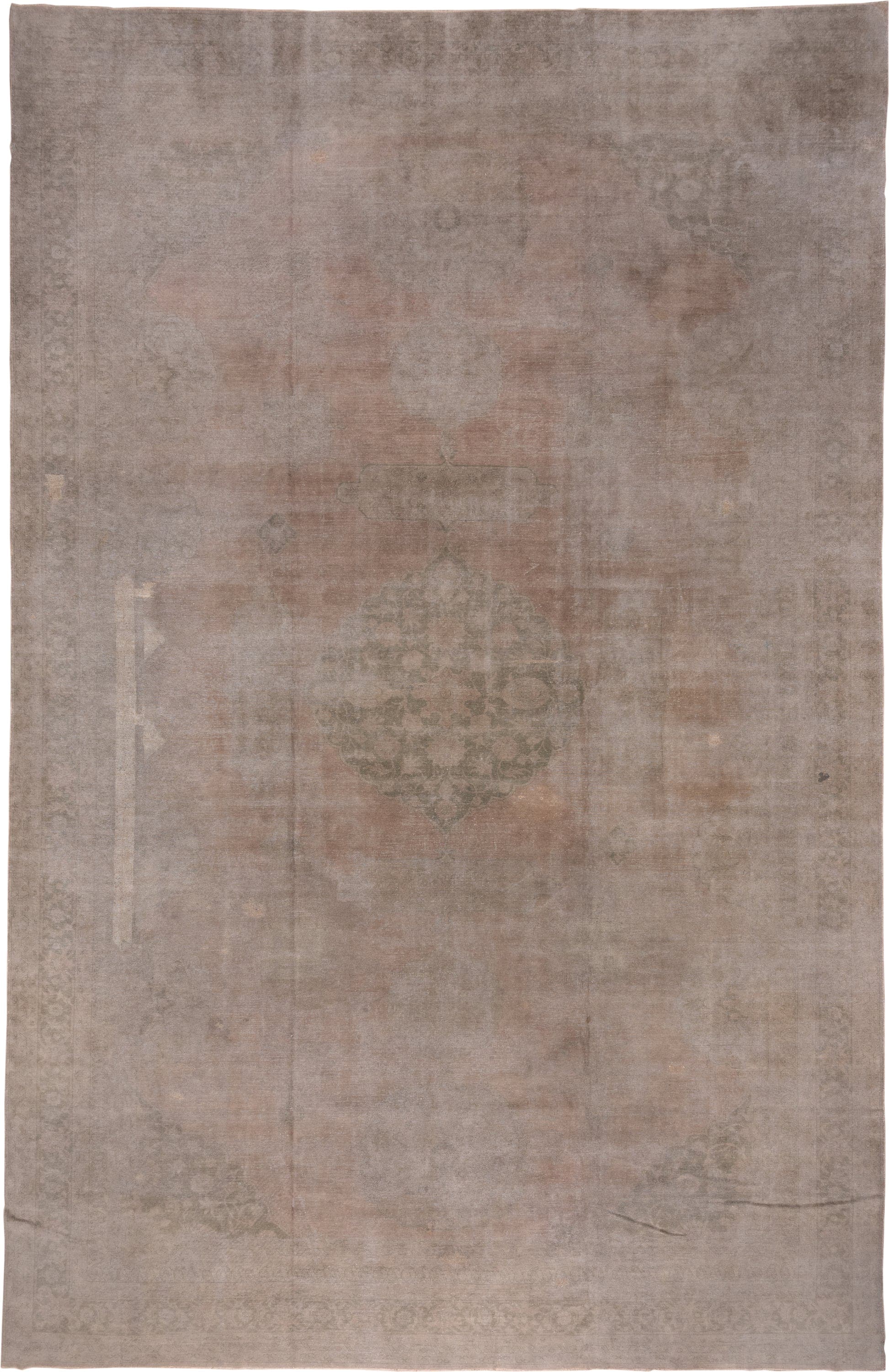 12' x 19' one-of-a-kind handmade antique Oushak oversize rug. Color palette: taupe, beige, blush, sage, ivory, gray, pink