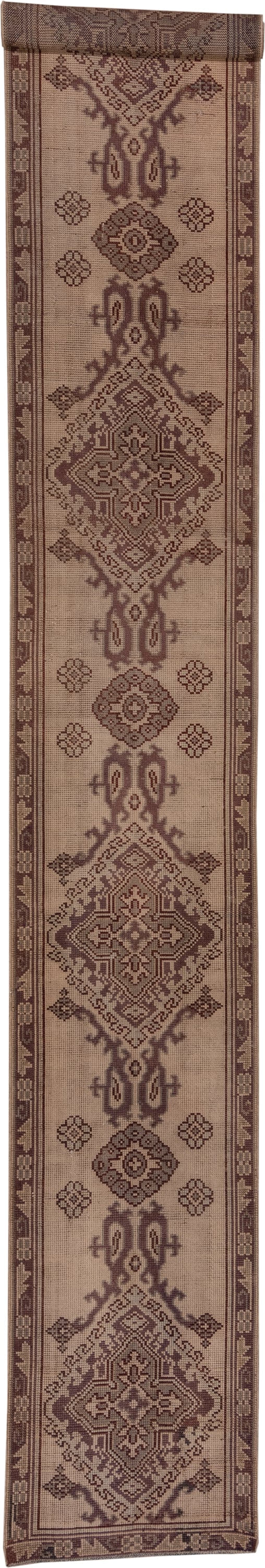 2' x 18' one-of-a-kind handmade antique Oushak runner rug. Color palette: taupe, brown, mauve, beige, gray, pink, purple