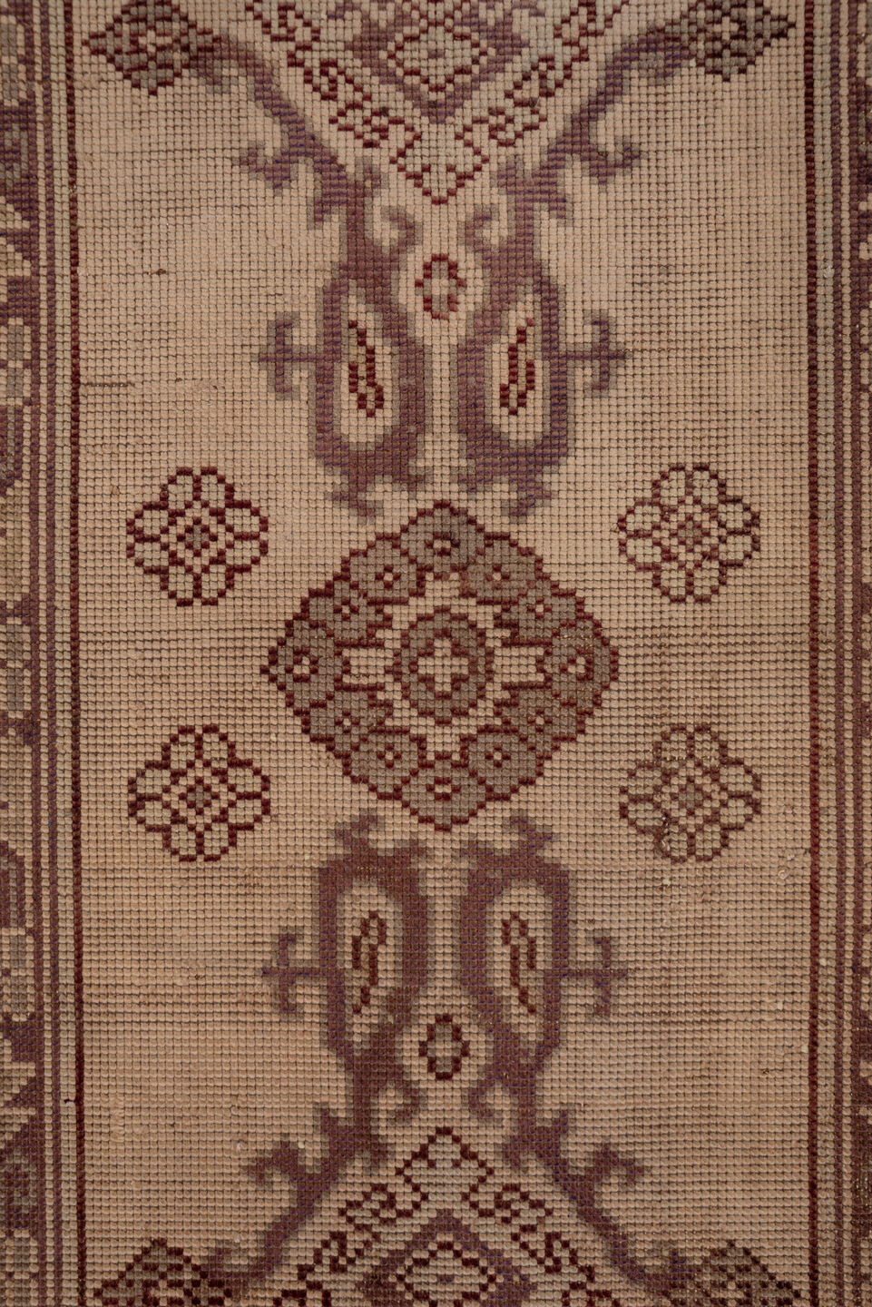 2' x 18' one-of-a-kind handmade antique Oushak runner rug. Color palette: taupe, brown, mauve, beige, gray, pink, purple